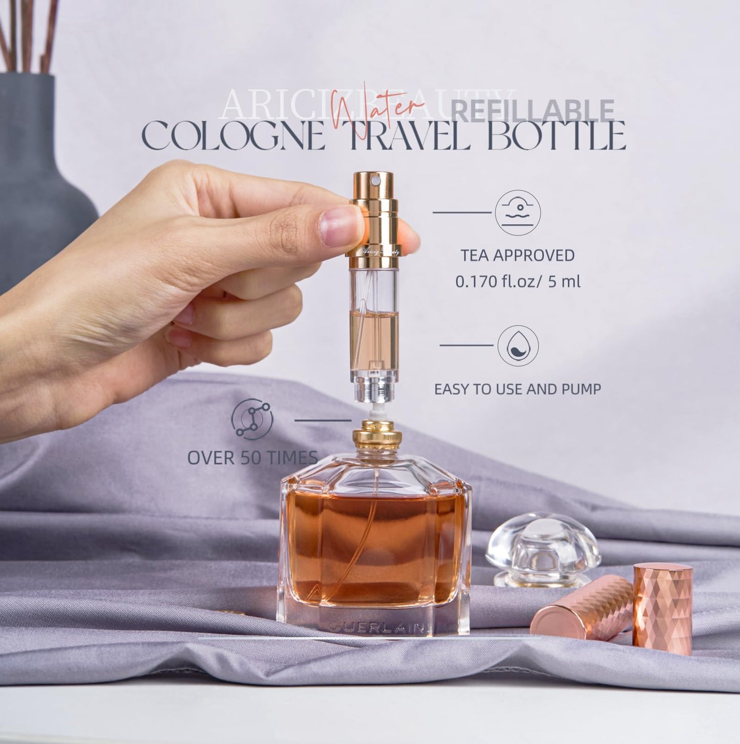 AricizBeauty Travel Refillable Perfume Atomizer 0.17fl.oz/5ml. Cologne Pocket Recyclable Portable Sprayer Bottle. Mini Scent Pump Case Dispenser Perfume Container (ROSE+GREY)