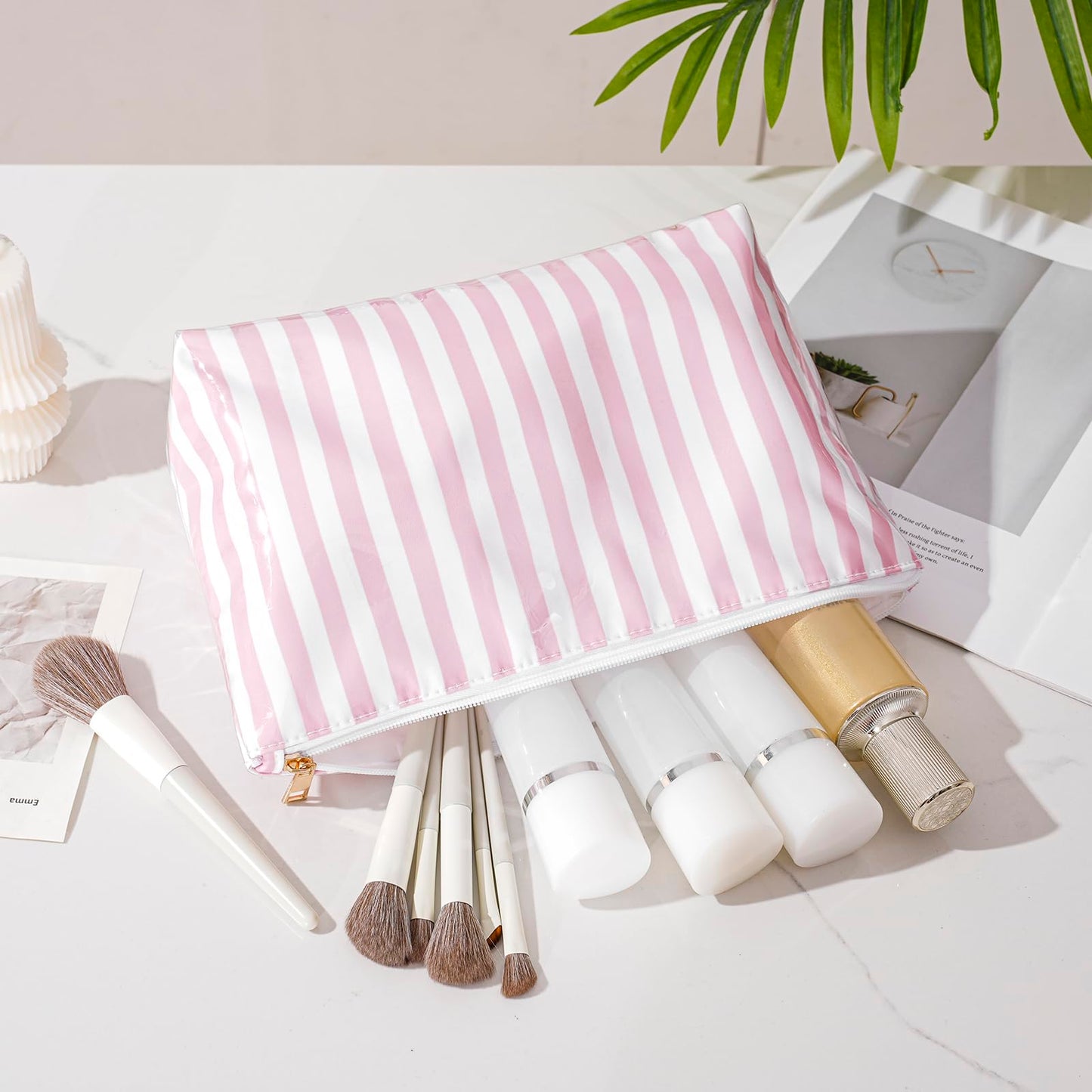 Lestikave Large PVC Waterproof Striped Makeup Bag,Clear Coated Cosmetic Bags,Easy to Clean,Travel Organizer Zipper Pouch Beach Vacation Essentials for Women Girls(04Pink Stripe)