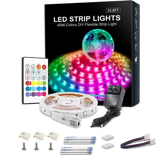 RGB LED Strip Lights 32.8ft,4096 DIY Colors Rope Lights with Memory Function, Self-Adhesive Color Changing Light Strip with Remote, 30mins Timing Off LED Tape Light Kits for Home Decor