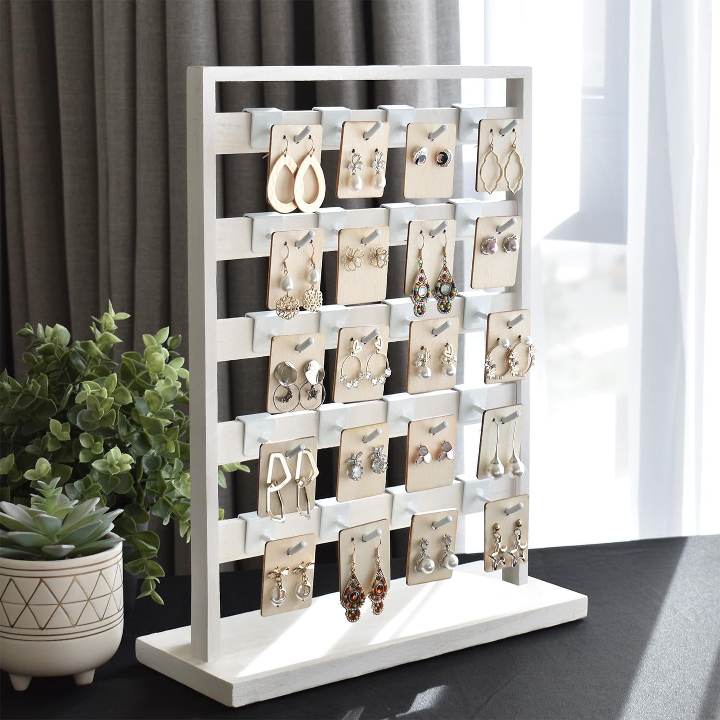 Ikee Design 5 Tiers Free Assemble Wooden Jewelry Display Rack with 20 Removable Metal Hooks,Earring Card Display Stand,Jewelry Organizer,Bracelet Organizer,Keychain Display Stand,Wash White