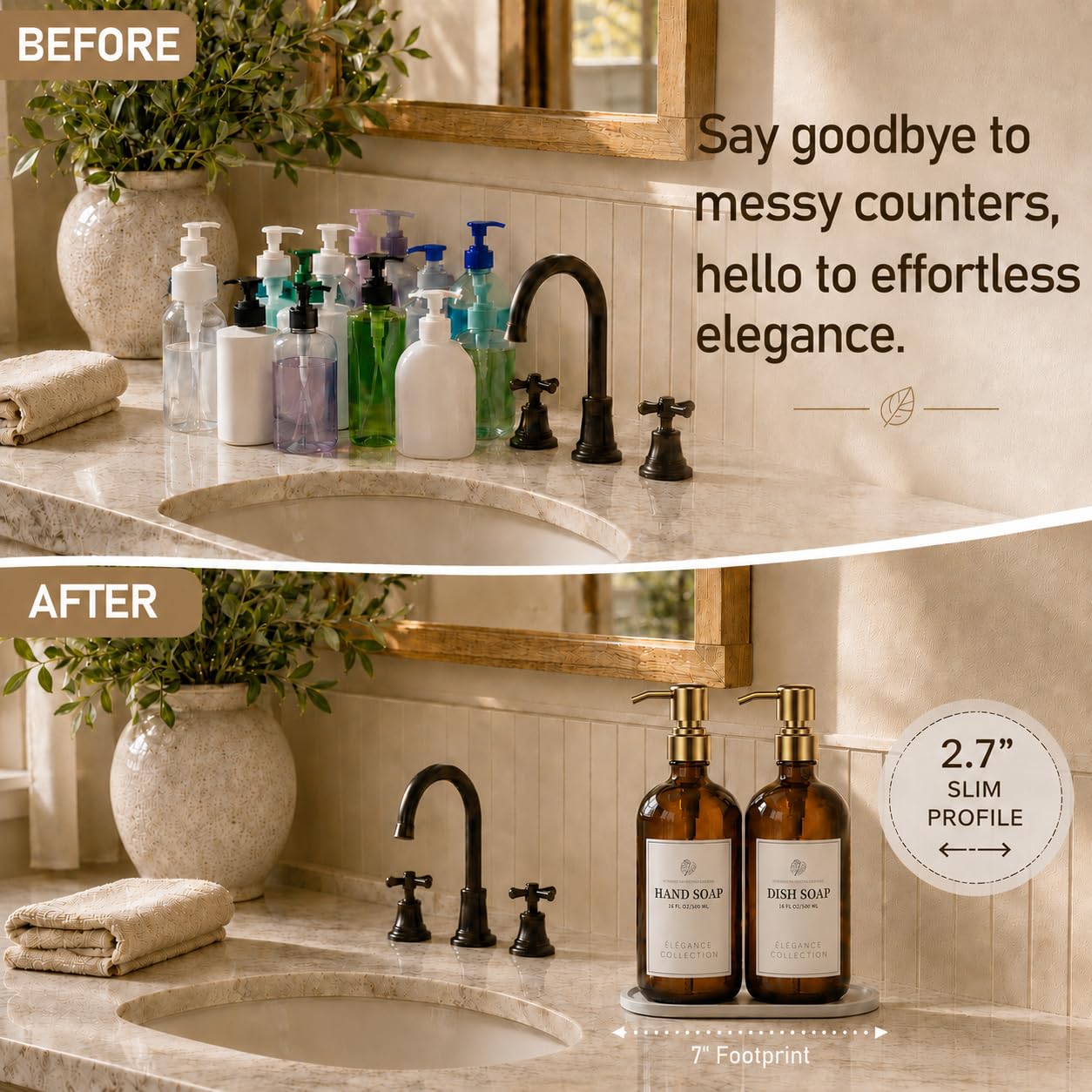 Fachixy Amber Glass Soap Dispenser (2 Pack), 16 Fl Oz Hand & Dish Soap Dispenser Bottles Set with Rust-Resistant Stainless Steel Pump, Non-Slip Pad, 14 Waterproof Labels for Kitchen and Bathroom