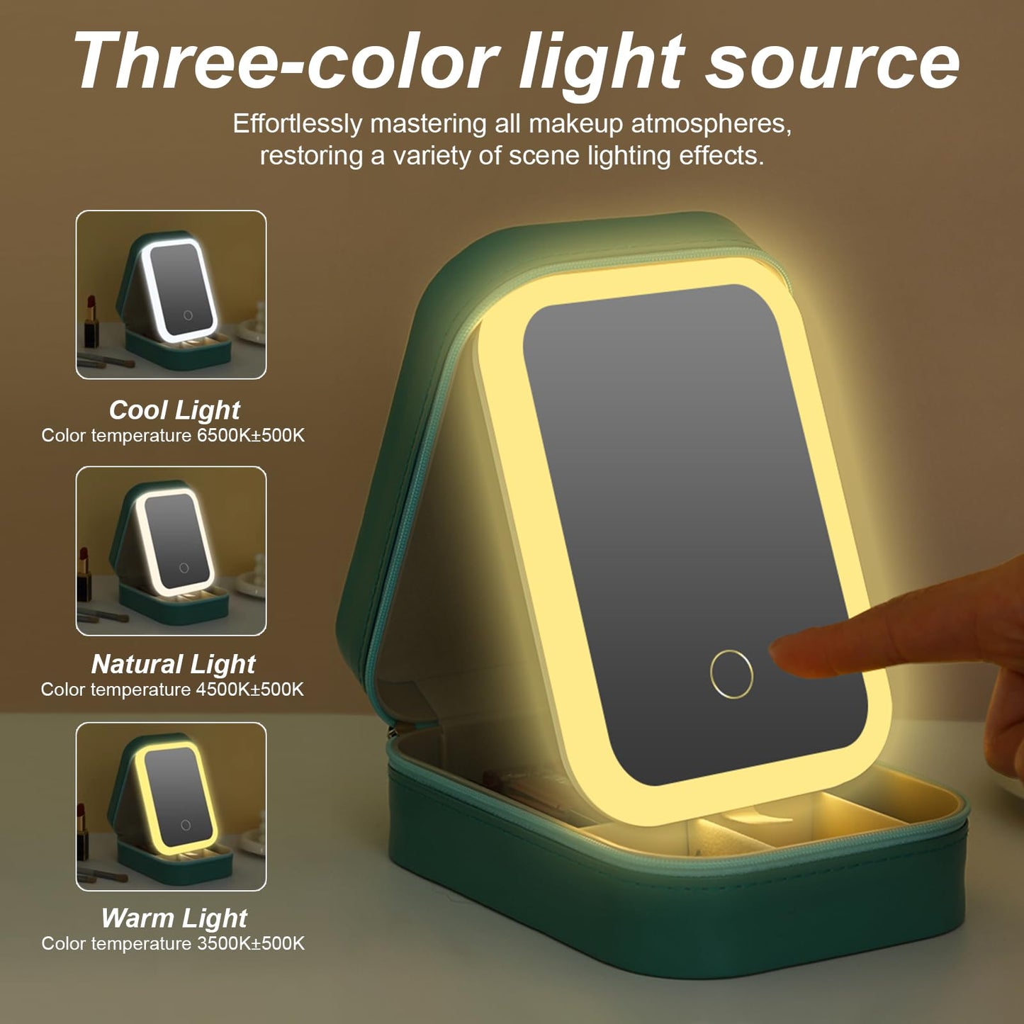 voioe Small Travel LED Makeup Mirror Case with 3 Adjustable Color Light Settings, Dust-Proof Jewelry Box, Mini Cosmetic Train Case Ideal for Short Trips (Green)