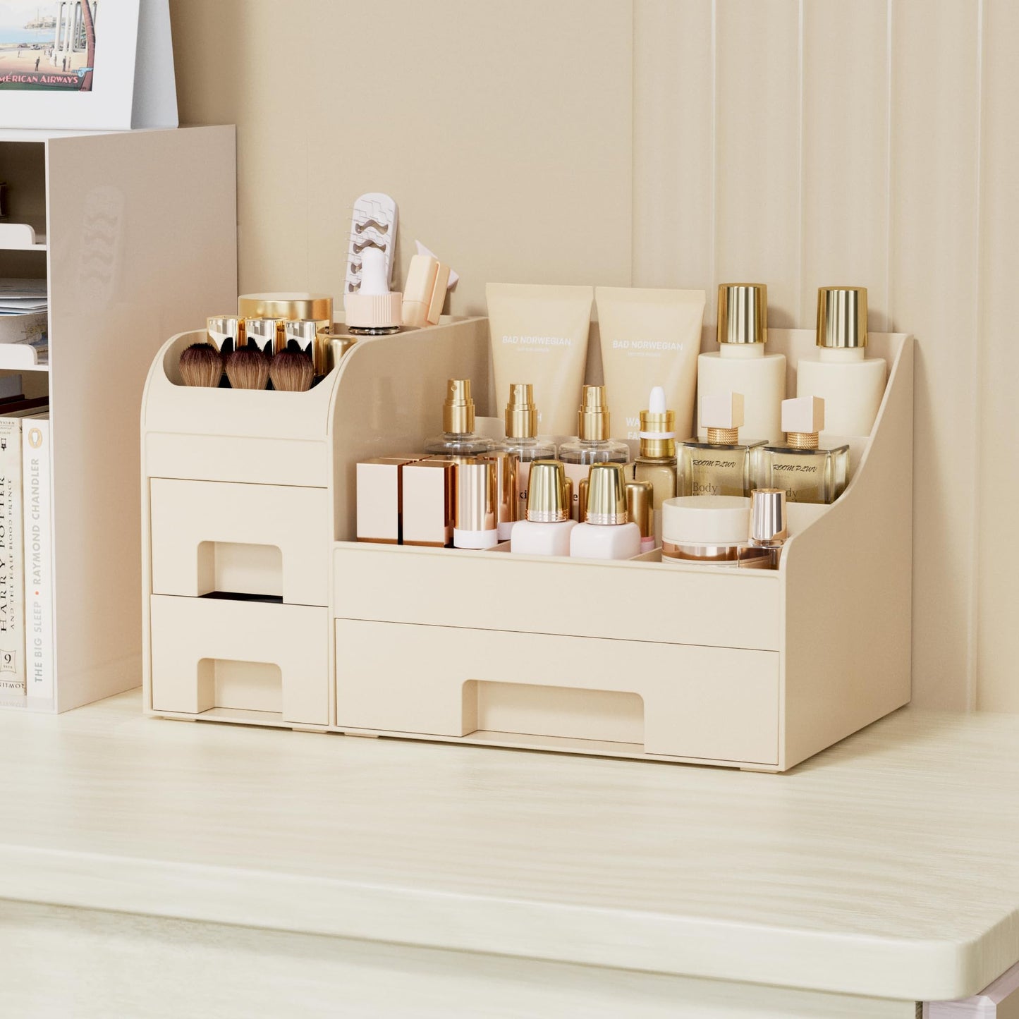 Mriluvy Makeup Organizer with Drawers,Large Cosmetic Storage Box,Countertop Skincare Organizer,ABS Makeup Brush Holder for Bathroom,Desk,Dresser,Multifunctional Beauty Display Case,Cream