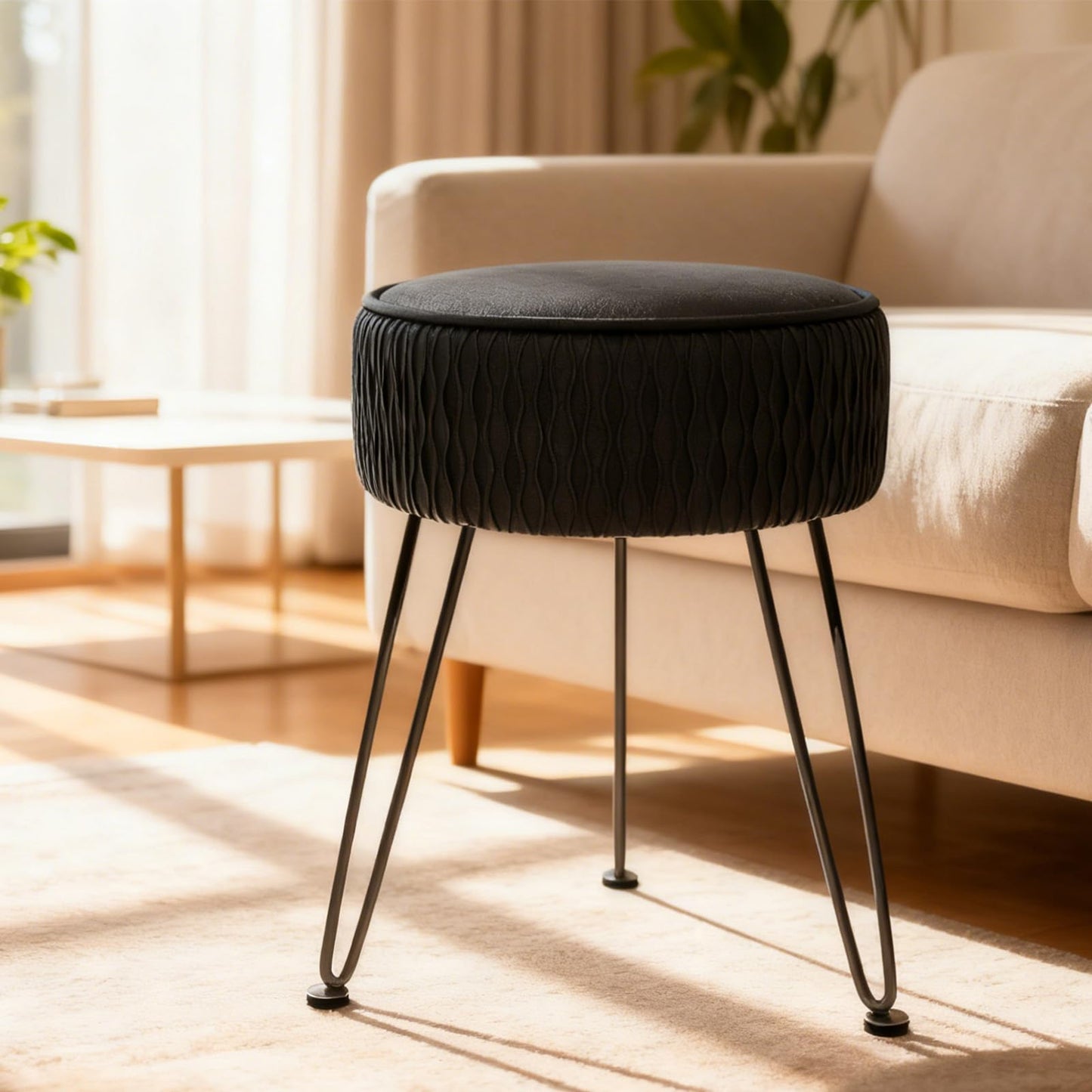 MOOWIND Velvet Vanity Stool Footrests, Round Ottoman Vanity Chairs with Anti-Slip Feet, Dressing Table Seat Foot Stool with Black Legs, Furry Padded Seat Side Table for Makeup Bedroom, Black