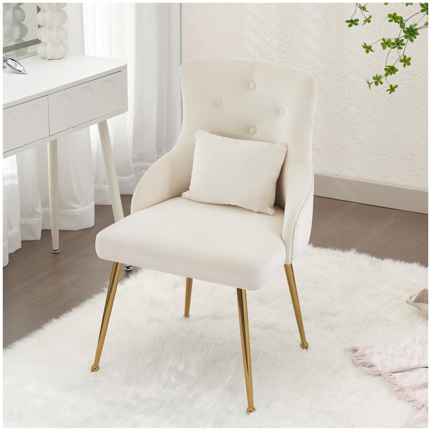 UDAX Velvet Vanity Chairs with Back, Upholstered Makeup Chair No Wheels with Metal Legs & Lumbar Pillow for Living Room/Makeup Room/Bedroom/Home Office/Kitchen