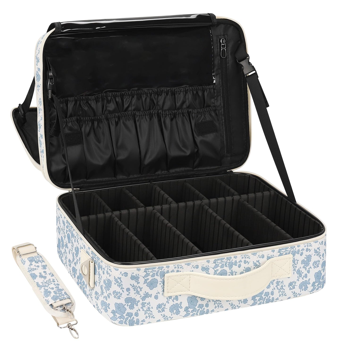Relavel Large Makeup Bag, Floral Cosmetic Bag for Women, Professional Travel Train Case Portable Makeup Artist Bag Make Up Storage Organizer Box with Adjustable Dividers and Makeup Brush Compartment