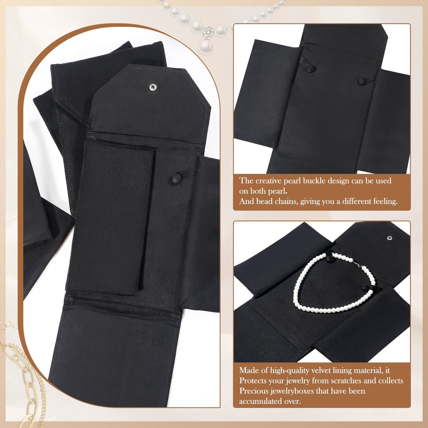 Kenning 6 Pcs Velvet Necklace Jewelry Display Folder Travel Necklace Organizer Women Pearl Jewelry Pouch Gift Bag(Black)