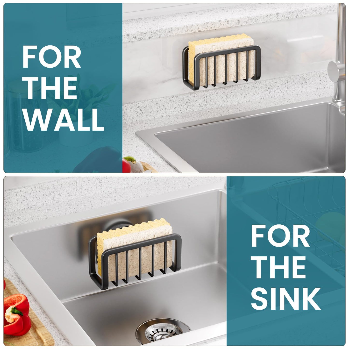 TAILI Sponge Holder for Kitchen Sink with Strong Suction Cup, Rustproof Aluminum Sink Caddy, Removable Sponge Holder, Dish Brush for Scraper - Black