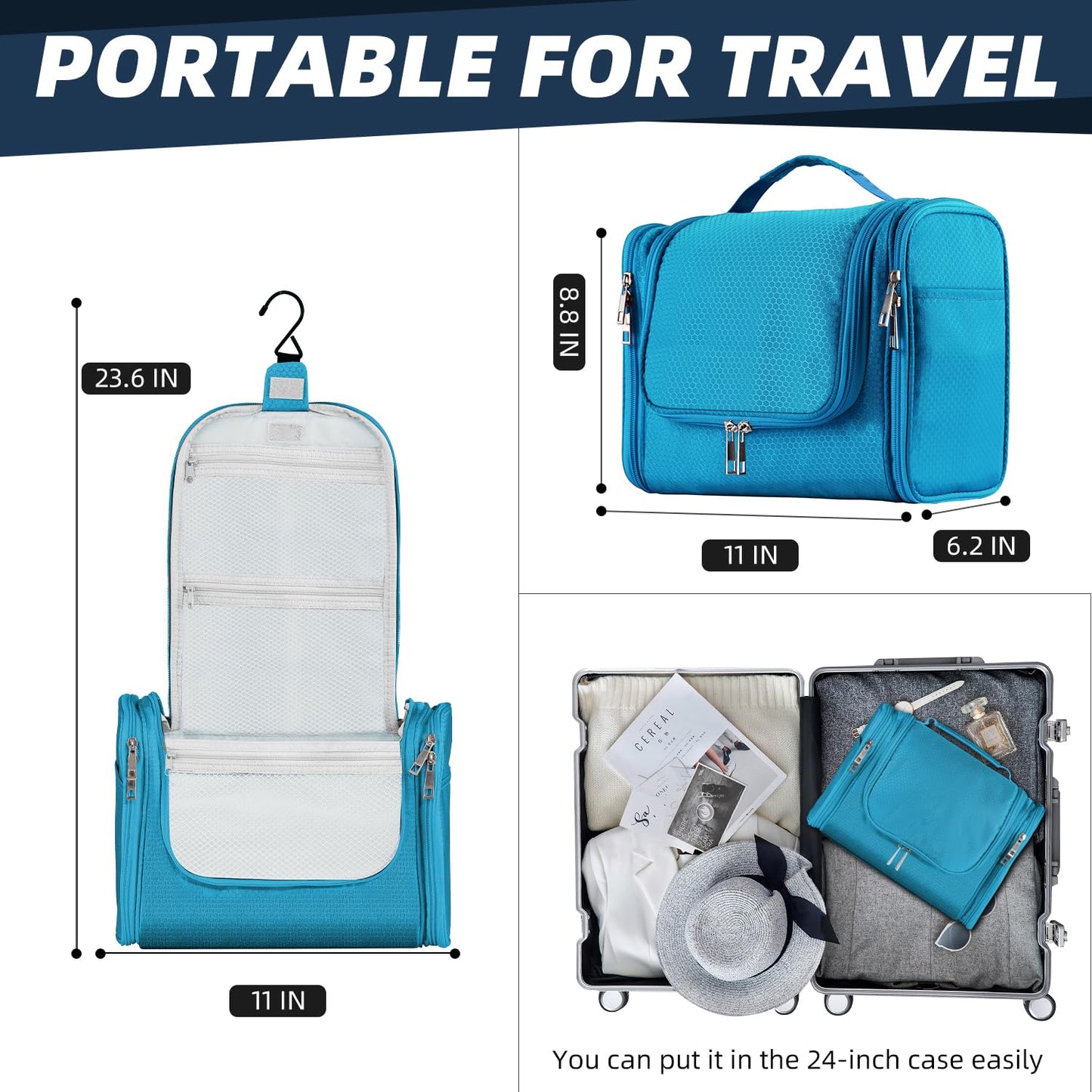 Buruis Hanging Toiletry Bag for Women and Men, Large Water-Resistant Makeup Organizer with Sturdy Hook, Lightweight Nylon Dopp Kit for Full-Sized Toiletries & Cosmetics, Light Blue