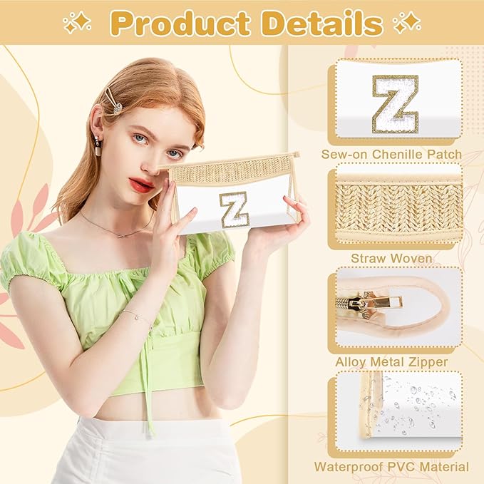 Personalized Initial Letter Bag Boho Straw Clear Makeup Bag,Small Cute Chenille Varsity Letter Pouch With Zipper,Beach Travel Toiletry,Portable Monogrammed Cosmetic Bag for Women Girls,Z
