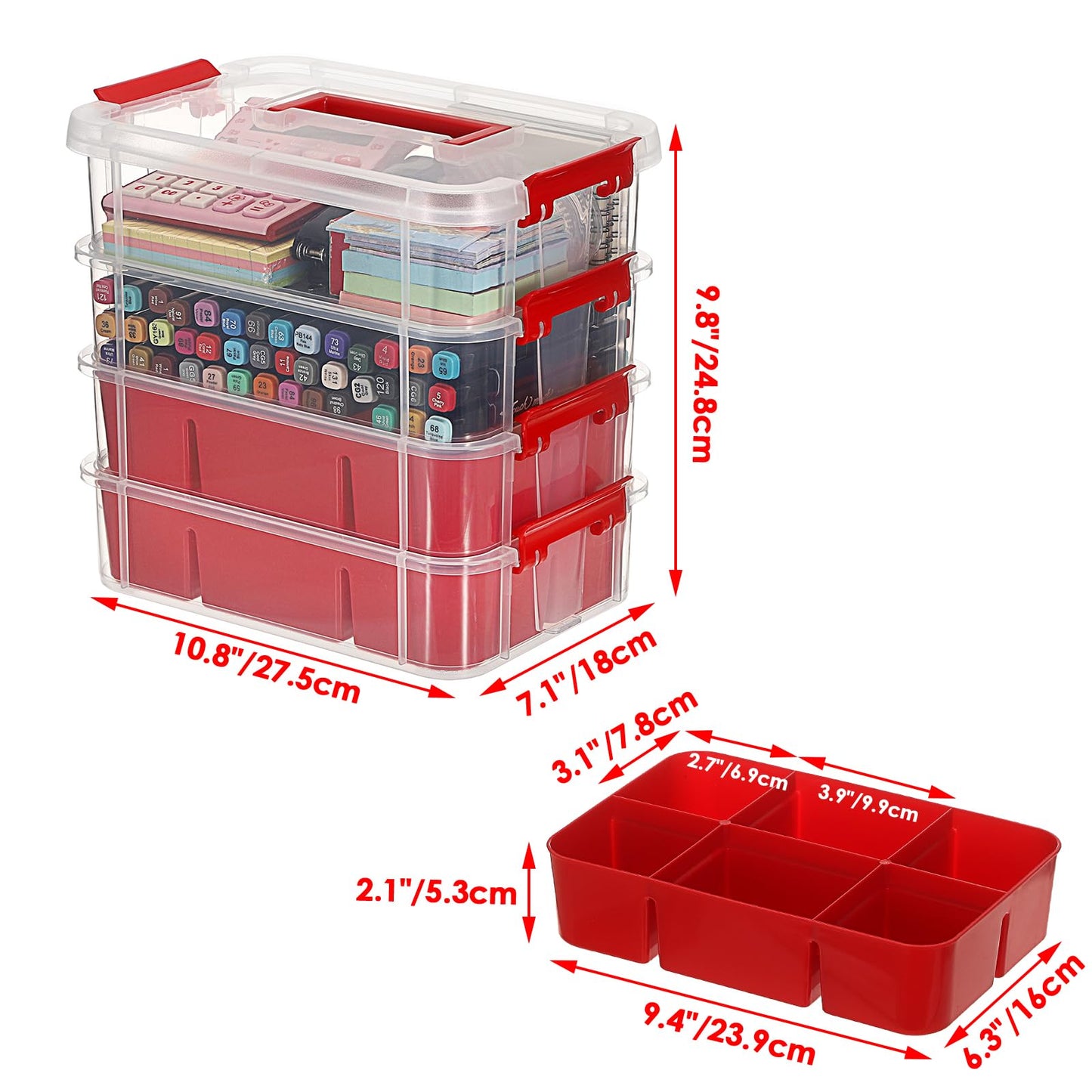 JUXYES 4-Tiers Stack Carry Storage Box With 2 Divided Tray, Transparent Stackable Storage Bin With Handle Lid Latching Storage Container for School & Office Supplies, Red