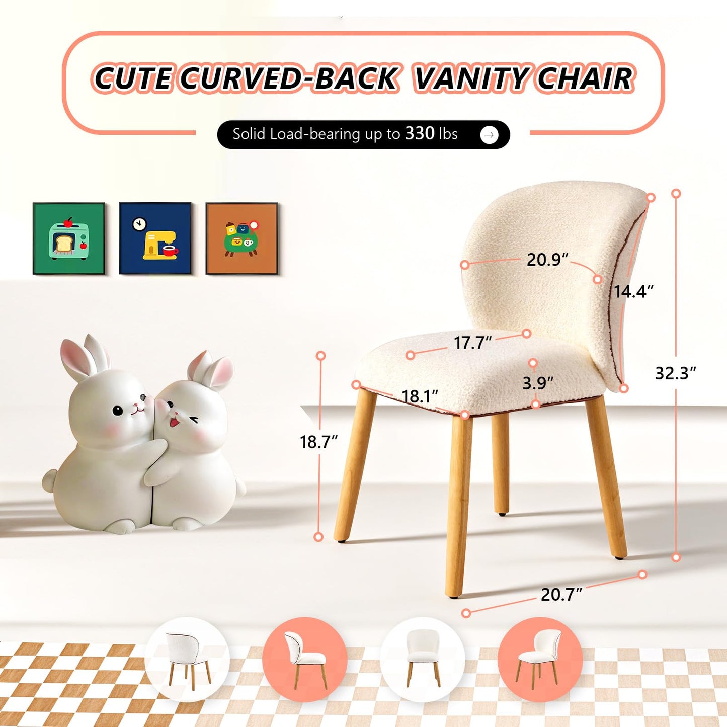 VINGLI Chenille Curved-Back Armless No Wheels Vanity Chair for Girls, Cute & Furry Upholstered Desk Chair with Solid Wood Legs for Study/Makeup/Bedroom/Dressing, Fluffy Makeup Chair for Teens, Beige