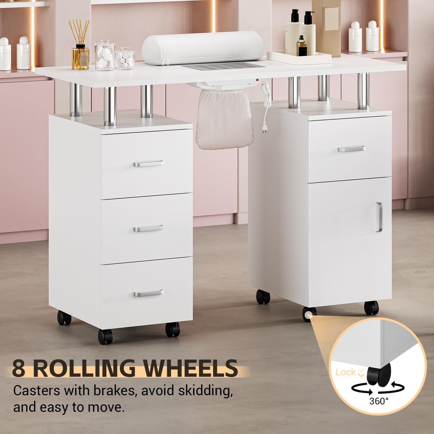 GAOMON Manicure Table with Dust Collector and Hand Rest for Makeup Beauty Spa Salon Station - Nail Desk for Nail Tech with Storage Cabinets Arm Rest, 4 Drawers and Lockable Wheels