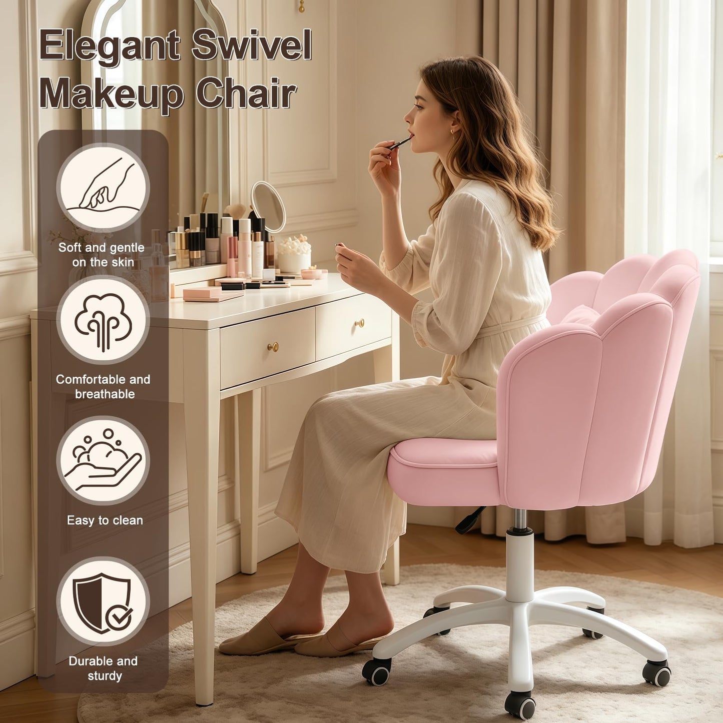 XUEGW Petal Desk Chair with Bow Cushion Velvet Vanity Chair with Wheels, Upholstered Home Office Chair for Girls Women, Mid-Back Swivel Computer Task Chairs for Living Room Bedroom
