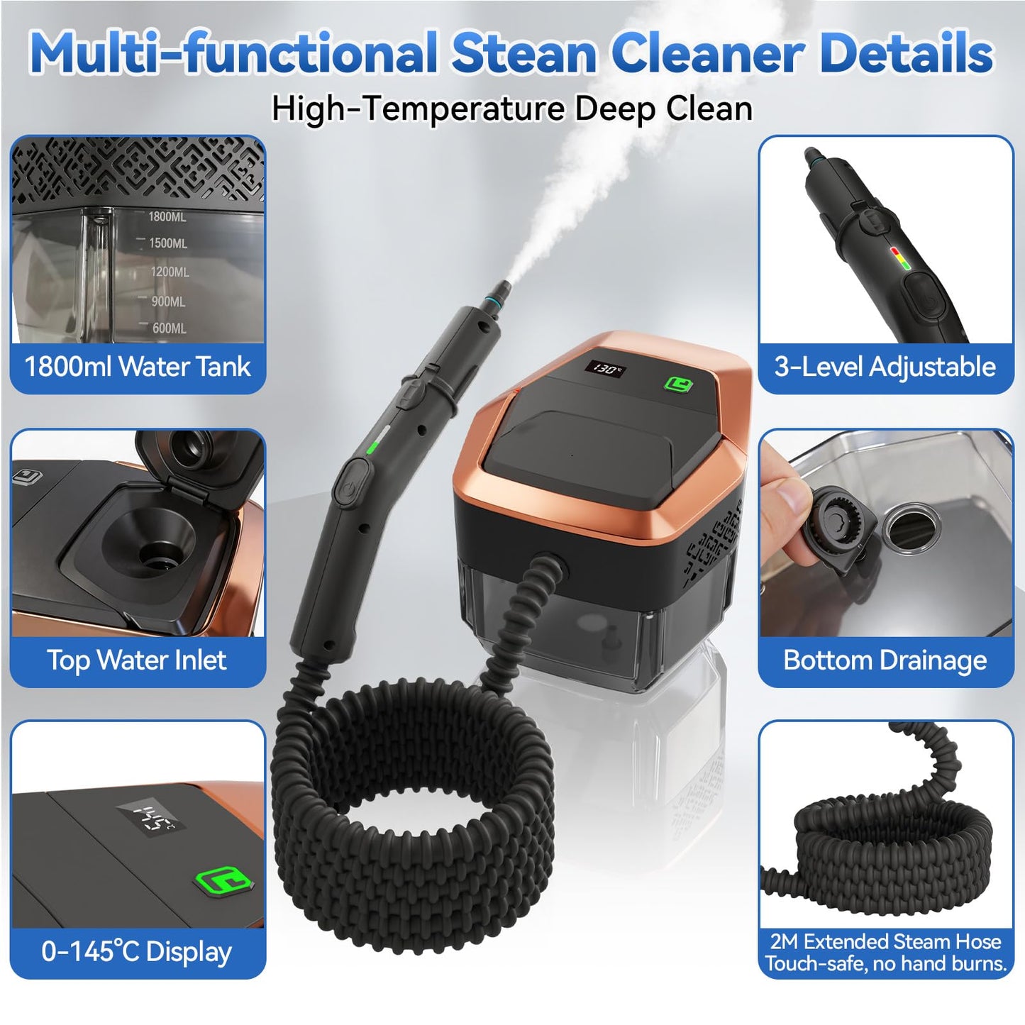Gsskny Steam Cleaner, 3-Level Adjustable Handle, 15s Heat-Up, Steamer for Cleaning With 1.8L Large Tank, Handheld Steam Cleaner for Home, Bathrooms, Tile,Car. Dry Burn Protection(14pcs Accessories)