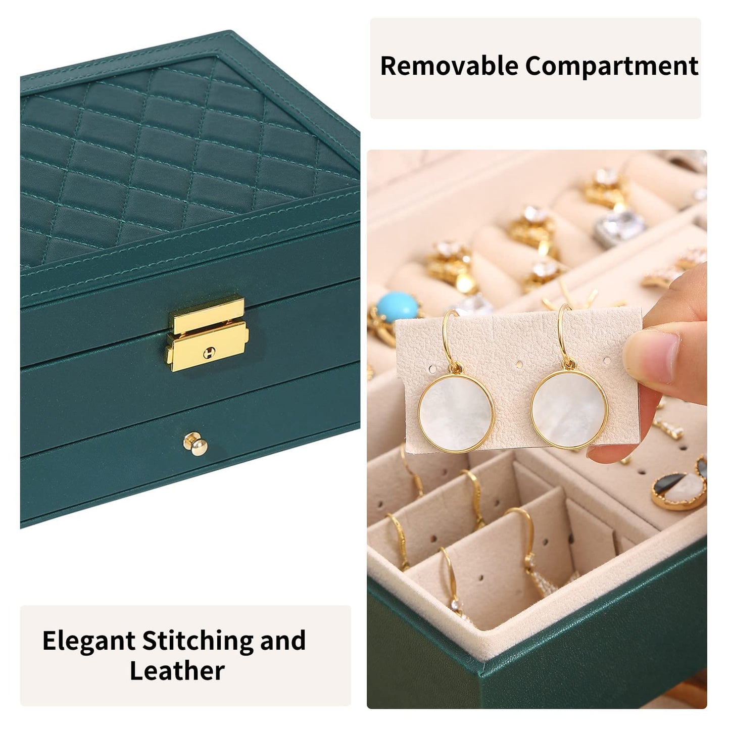 GUOER Jewelry Box for Women Girl Wife - Large PU Leather Jewelry Organizer Storage Case with Two Layers Display for Earrings Bracelets Rings Watches (Green)
