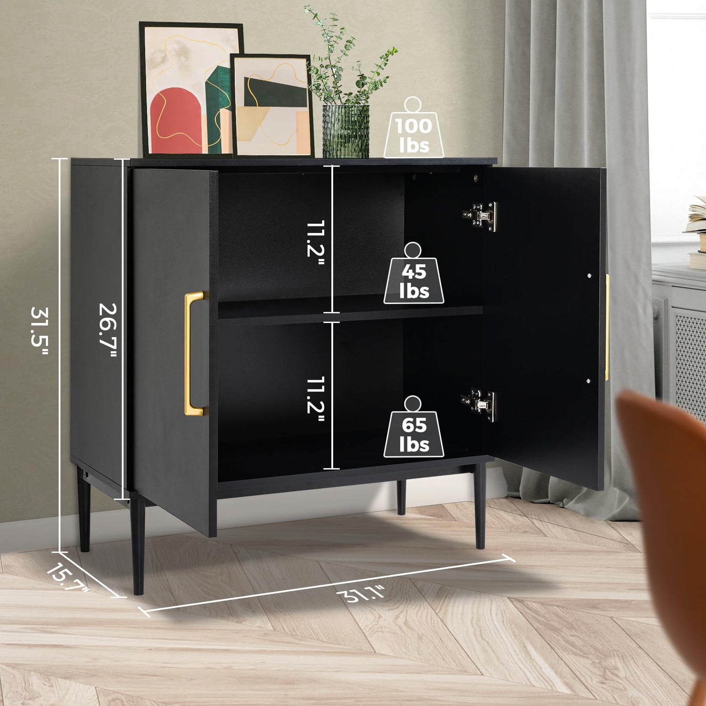 REHOOPEX Black Storage Cabinet with Doors, Modern Accent Cabinet, Free Standing Cabinet with Adjustable Shelf, Wooden Buffet Sideboards for Living Room, Kitchen, Dining Room, Entryway