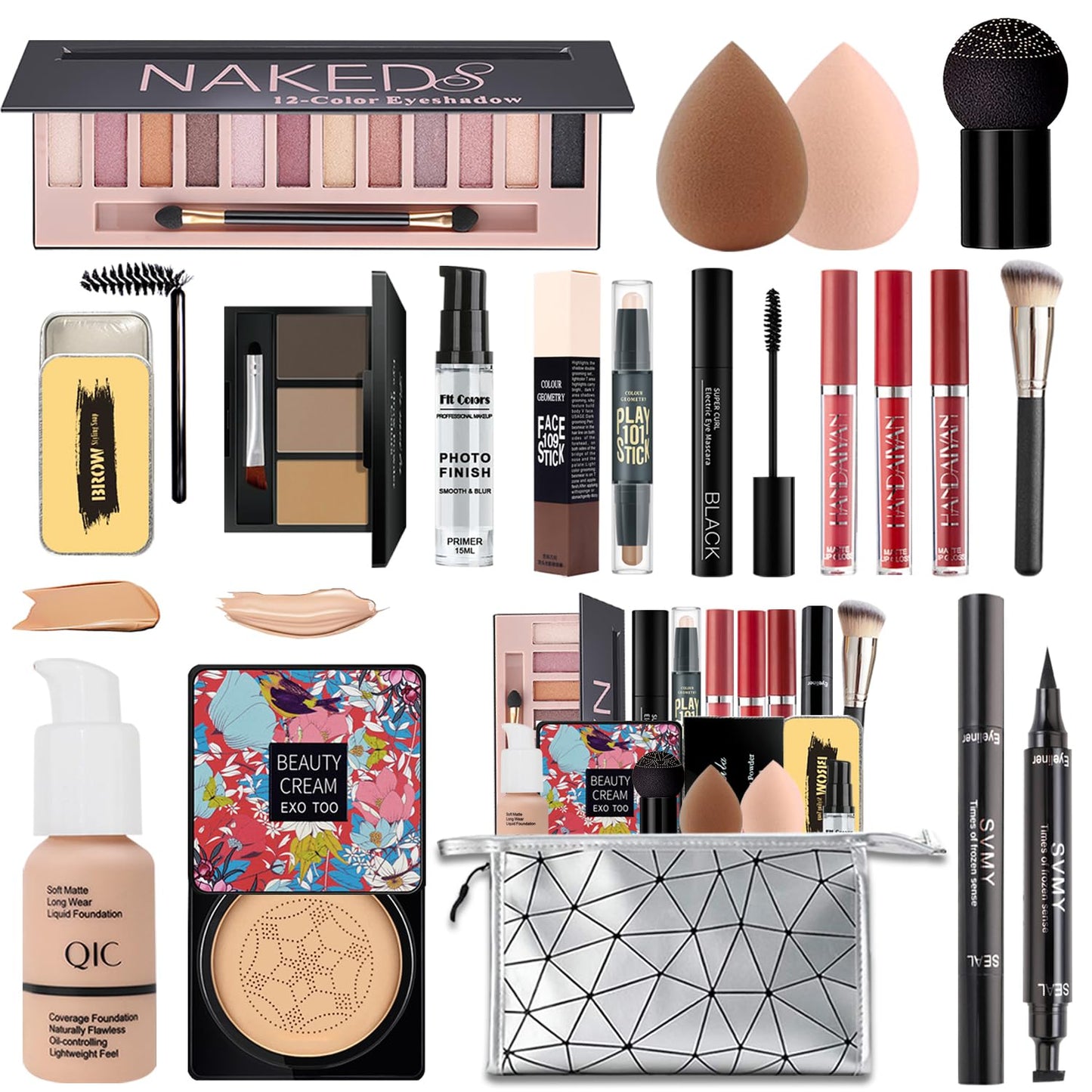 All in One Makeup Kit for Women Full Kit, Travel Make Up Gift Set Includes Eyeshadow,Foundation,CC,Primer, Lipstick,Mascara,Brow Powder & Soap,Eyeliner,Contour,Brush,Sponge,Bag