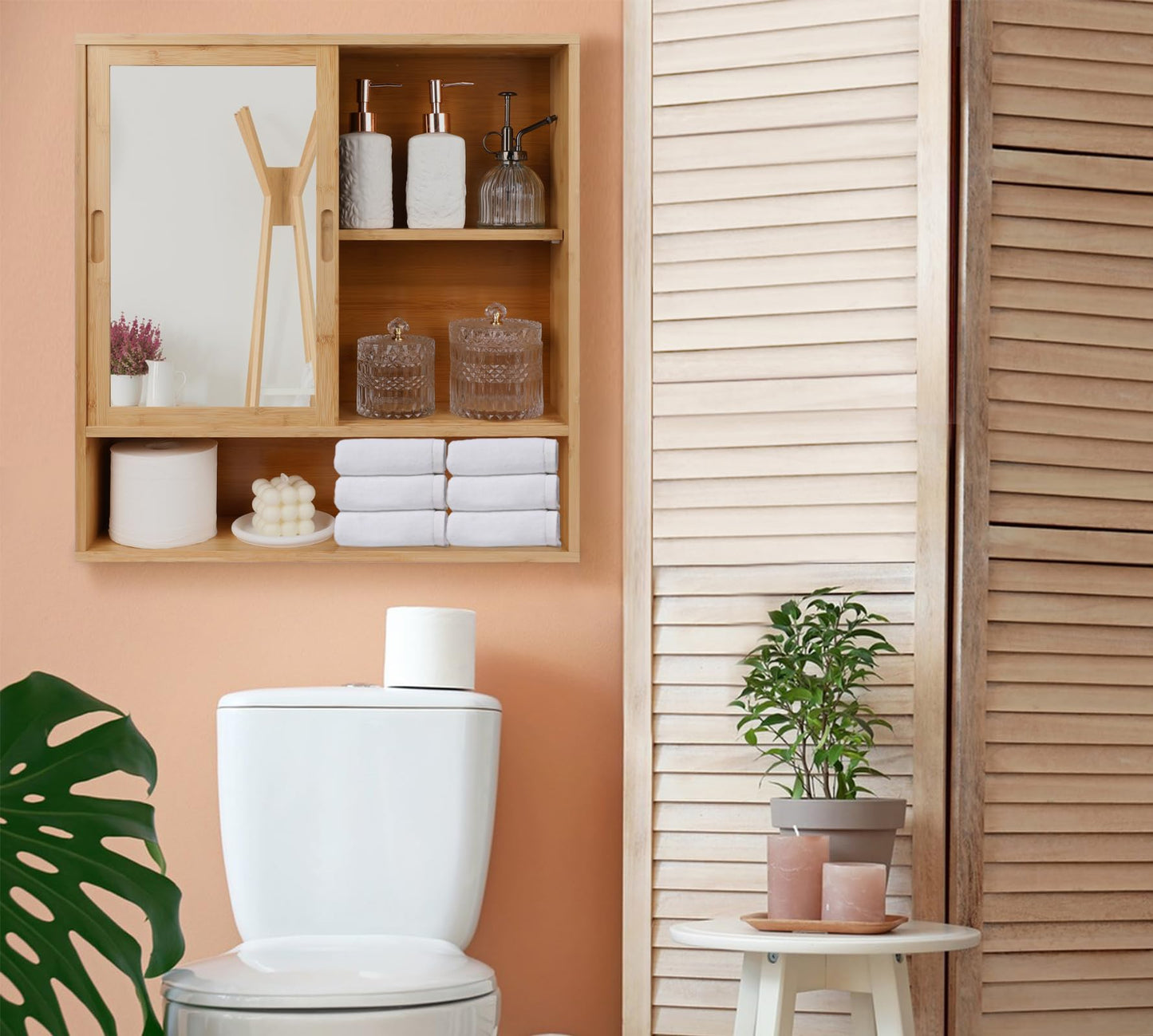 ZYBT Bamboo Bathroom Cabinet,Mirrored Medicine Cabinets,Bathroom Cabinet Wall Mounted with Storage,Medicine Cabinets with Mirror,Over The Toilet Storage with 2 Sliding Doors