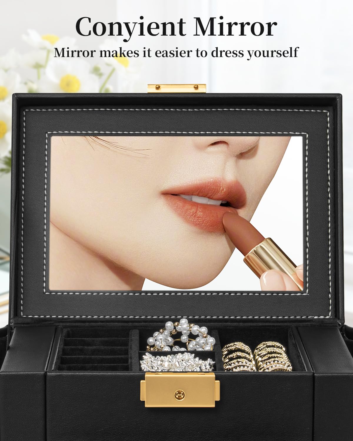 TORIBIO Jewelry Box for Women, Leather Jewelry Organizer with Mirror & Lock, 3-Tier Jewelry Storage Organizer with 2 Drawers for Girls/Women/Mothers, Necklace Earring Bracelets Holder Organizer