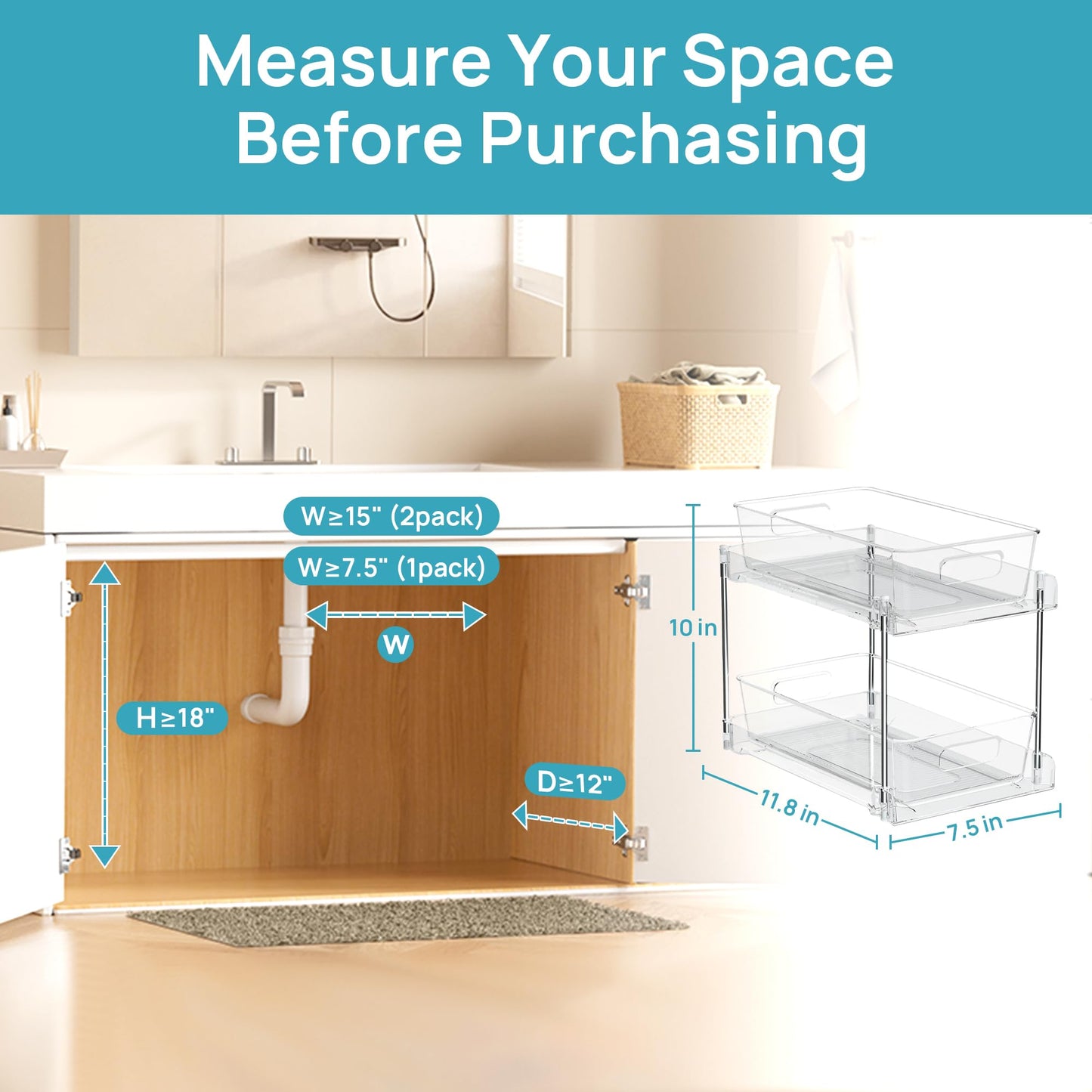 Vtopmart 4 Pack Bathroom Under Sink Organizers Organizer, 2 Tier Clear Pull-Out Organization (S-Standard)