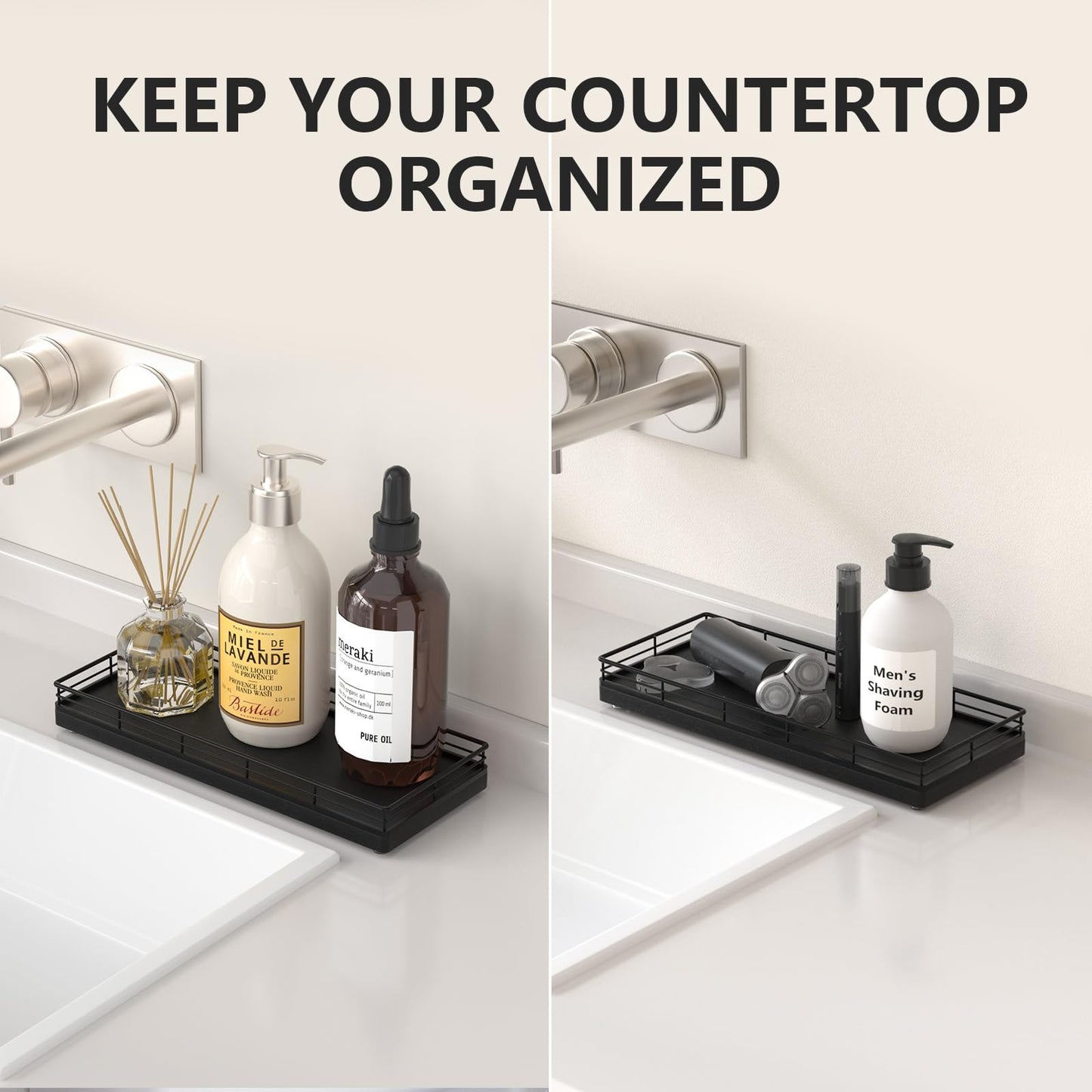 Bathroom Tray for Counter Top Organizer – Oak Wood Vanity Tray with Metal Frame for Dresser, Kitchen, Nightstand – Black Decorative Storage