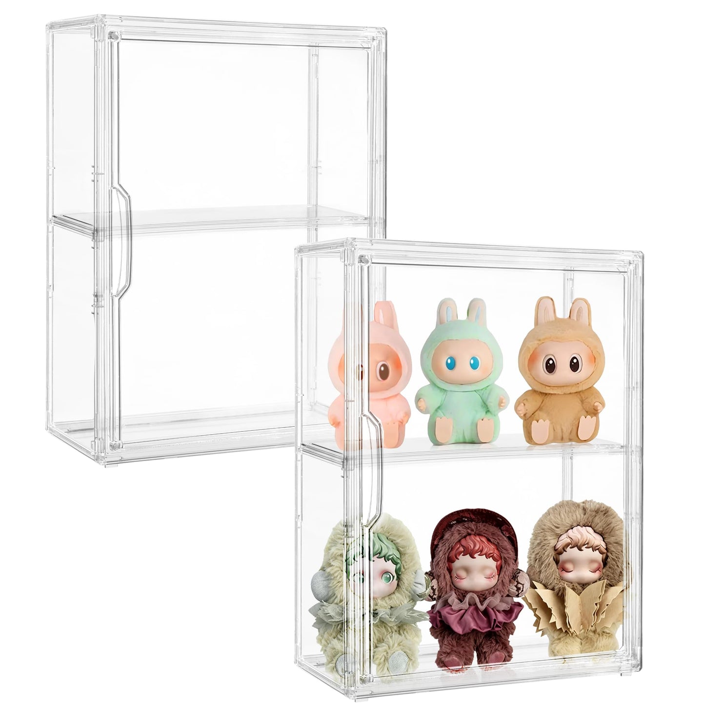 Acrylic Display Case Compatible with Labubu POP MART, 2 Pack Clear Display Cases for Figure Collectibles, Stackable Display Box with Magnetic Door