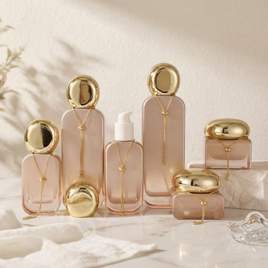 Gandeer 6 Pcs Luxury Glass Skincare Containers Set Refillable with Pump Glass Bottle with Gold Chain Spray Bottle Skincare Jars 1.01-4.06 oz for Oil Water Cream Foundation Serum Moisturizer(Orange)