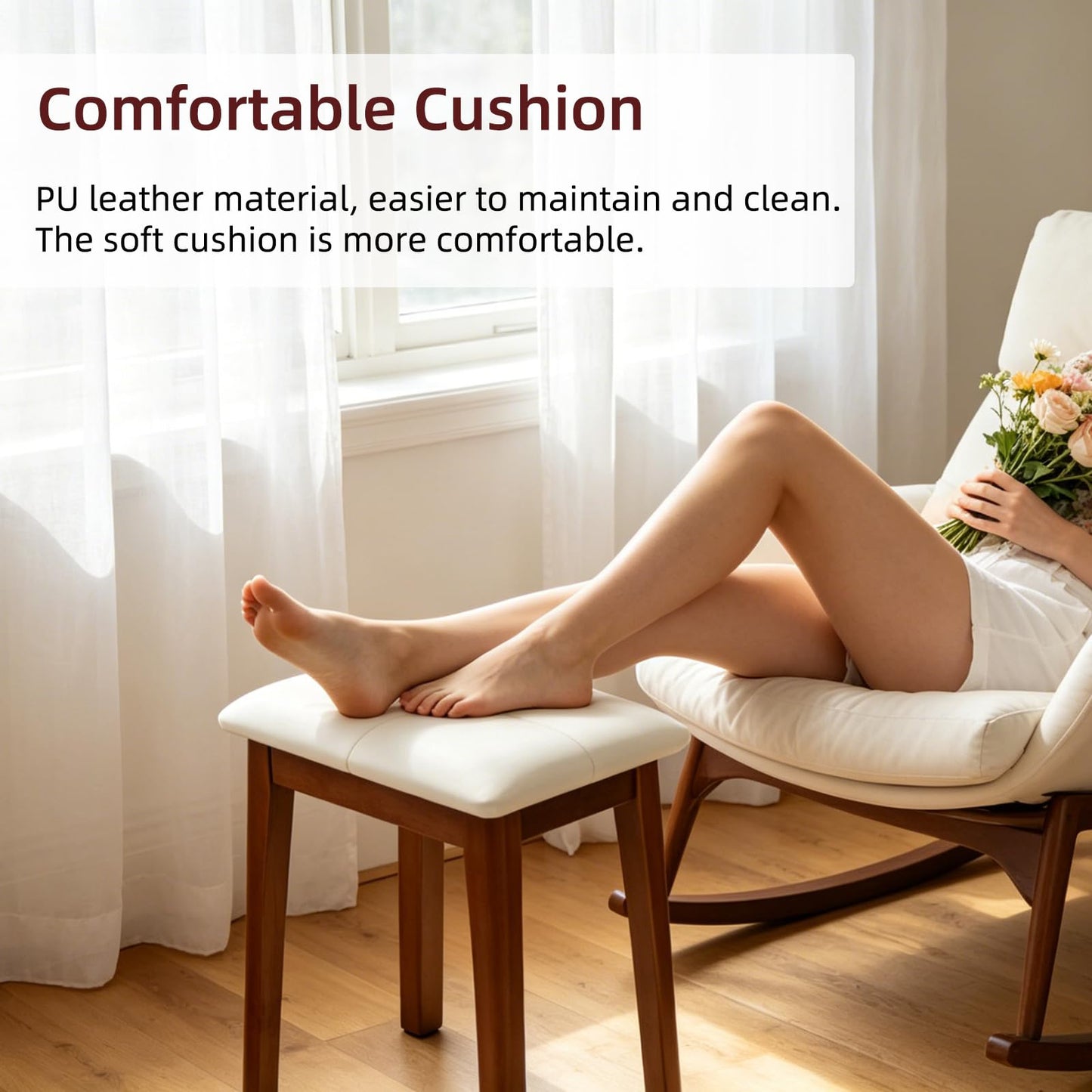 YETEYOW Solid Wood Vanity Stool with Cushion, 11" D x 15" W x 18" H - Small Wooden Ottoman Bench Chair Padded Seat for Bedroom/Living Room/Office/Makeup Vanity/Closet/Desk - Beige White