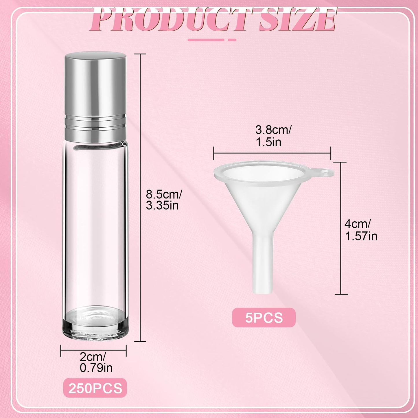Sumind Essential Oil Roller Bottles - 250 Pcs, 10 ml Glass, Stainless Steel Roller Balls, Leakproof, Funnel Included(Clear with Silver Cap)