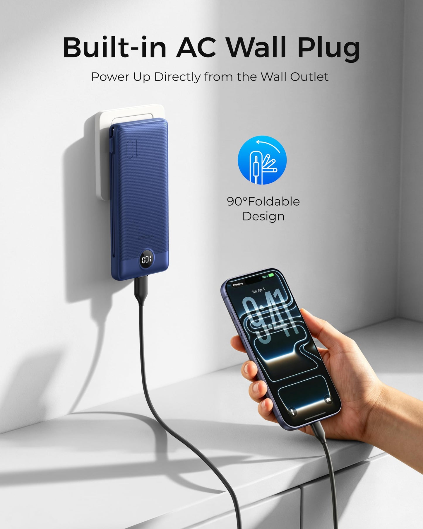 VEGER Portable Charger with Built-in AC Plug and Cables, All in One 10000mAh Ultra Slim Power Bank Emergency Fast Charging for Travel Battery Pack Compatible with iPhone, Samsung, Android, Navy