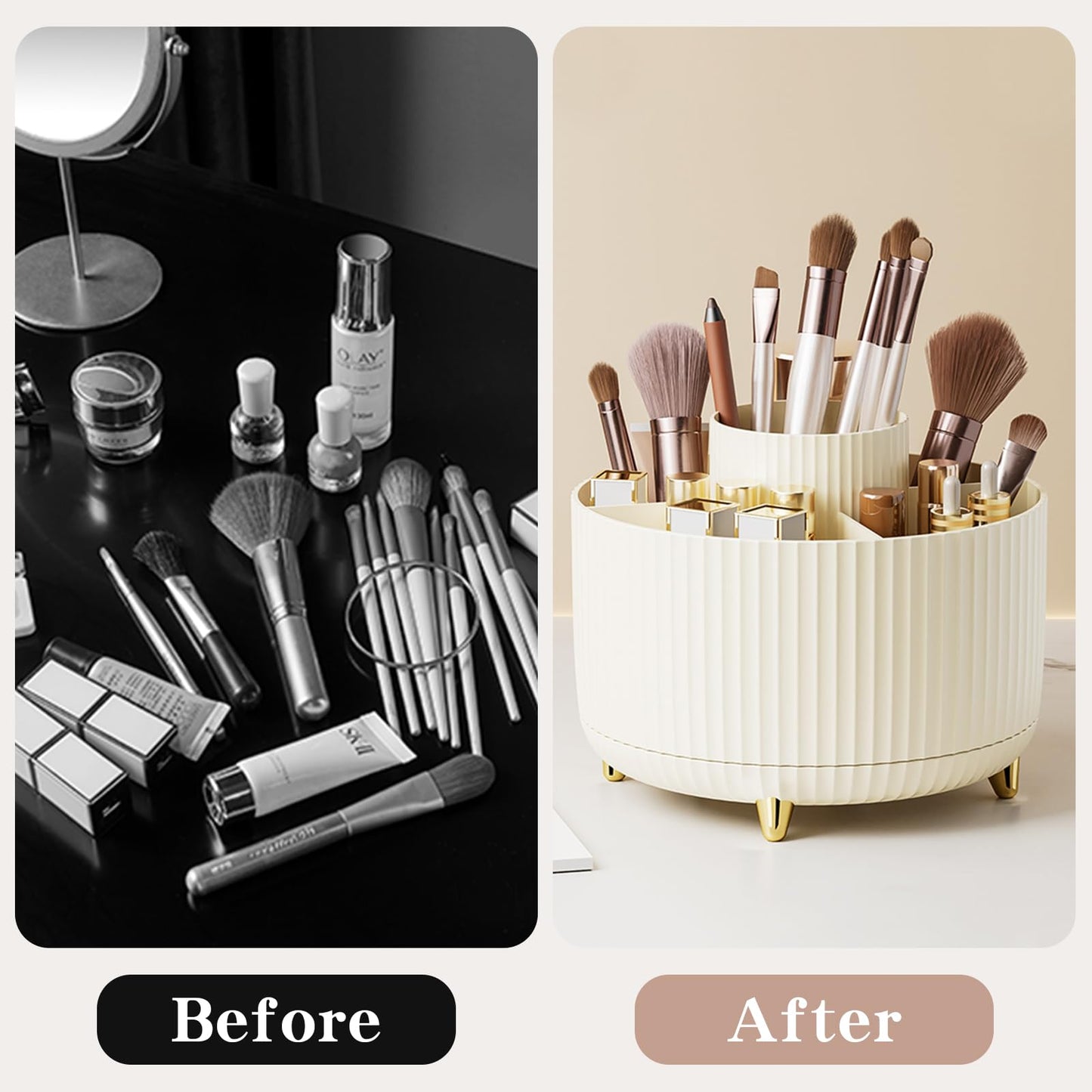 fanado 360° Rotate Makeup Brush Holder Organizer, Makeup Organizers Countertop, Makeup organization and Skincare Storage for Vanity, Desktop, Bathroom (Ivory)