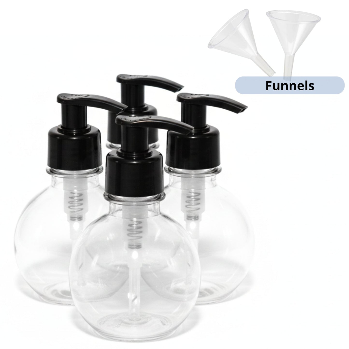 MOXMAR Pack of 4 Clear PET Round Bottles 6.7 fl oz with Black Cream Pump + 2 Funnels - Refillable Plastic Dispenser Bottles for Lotion, Liquid Soap (4, Transparent Bottle + Black Pump, 6.7 fl oz.)