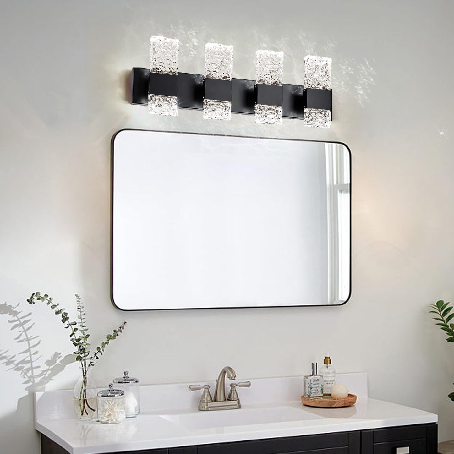 OYLYW Black Bathroom Light Fixtures Crystal Bathroom Vanity 4 Light Over Mirror Modern LED Wall Light ，6000K Cool Light，40 Watts