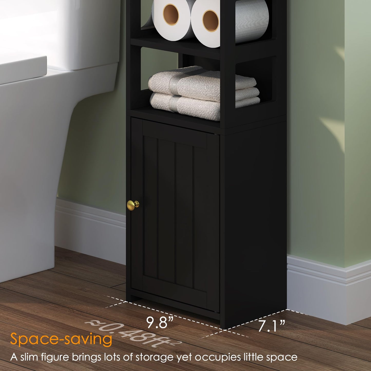 TidyHaven 39" H Small Bathroom Storage Cabinet, Narrow Corner Floor Cabinet with Adjustable Shelf, Slim Design for Bathroom, Kitchen, Living Room (Black)