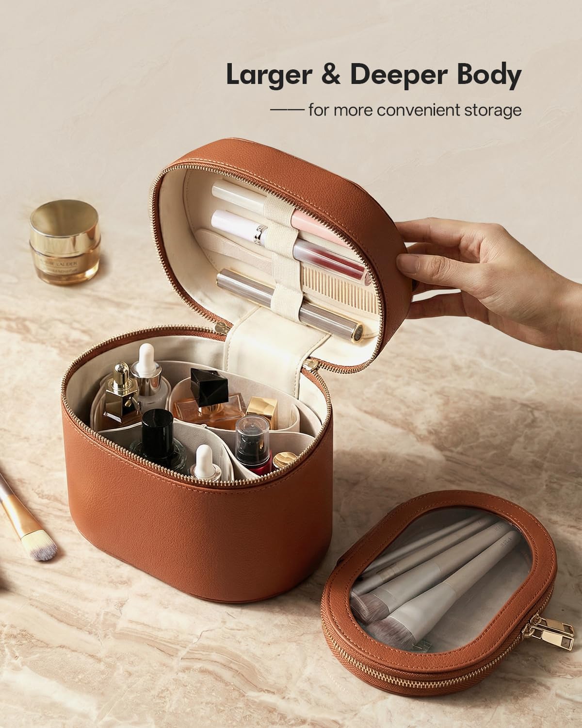 Prite 2 Pcs Makeup Bag Set Travel Cosmetic Case with Waterproof Clear Toiletry Pouch and Removable Divider, Vegan Leather Organizer for Women