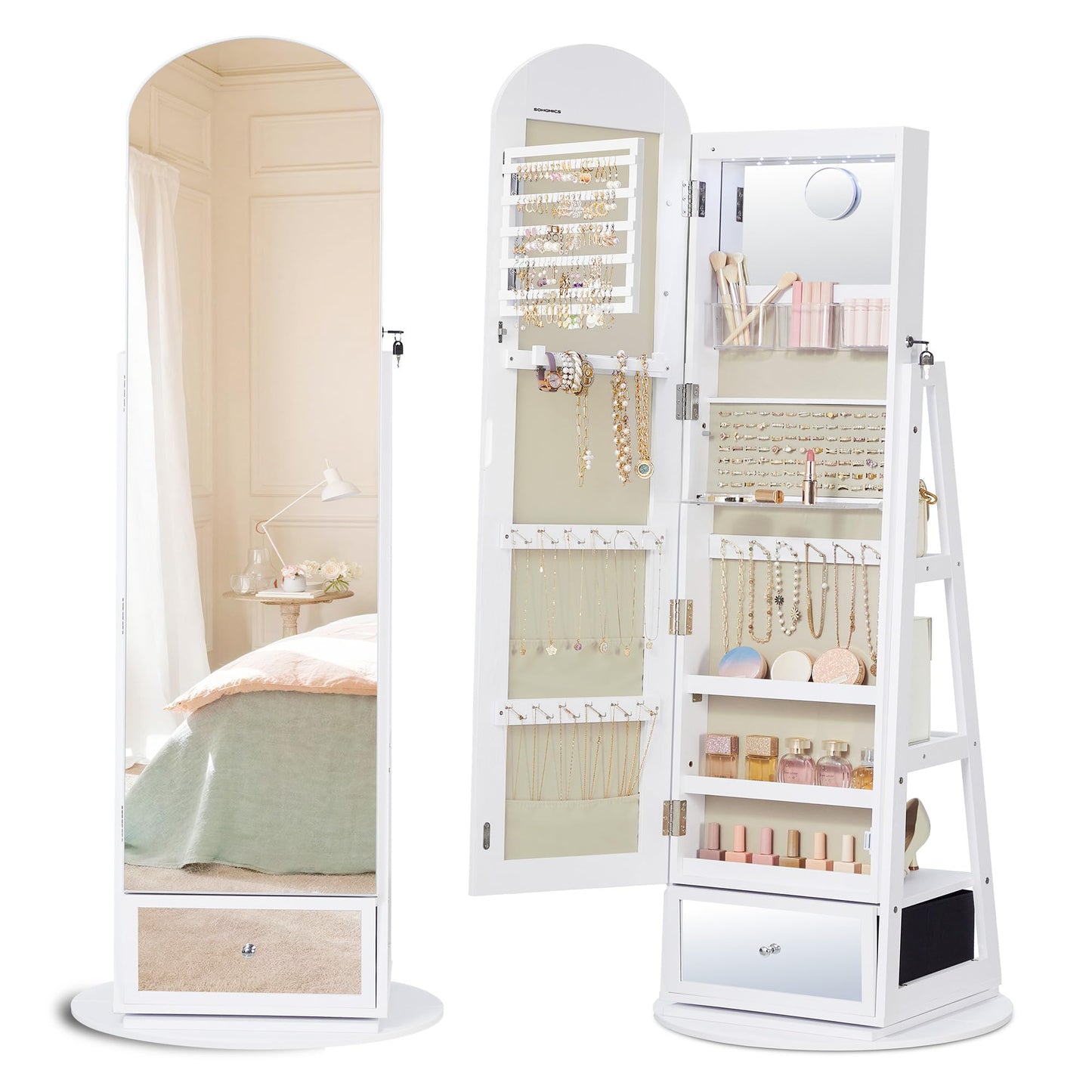 SONGMICS 360° Swivel Jewelry Cabinet, Full-Length Arched Mirror with LED Lights, Magnifying Mirror, Storage Shelves, Drawer, Cloud White UJJC030WB01