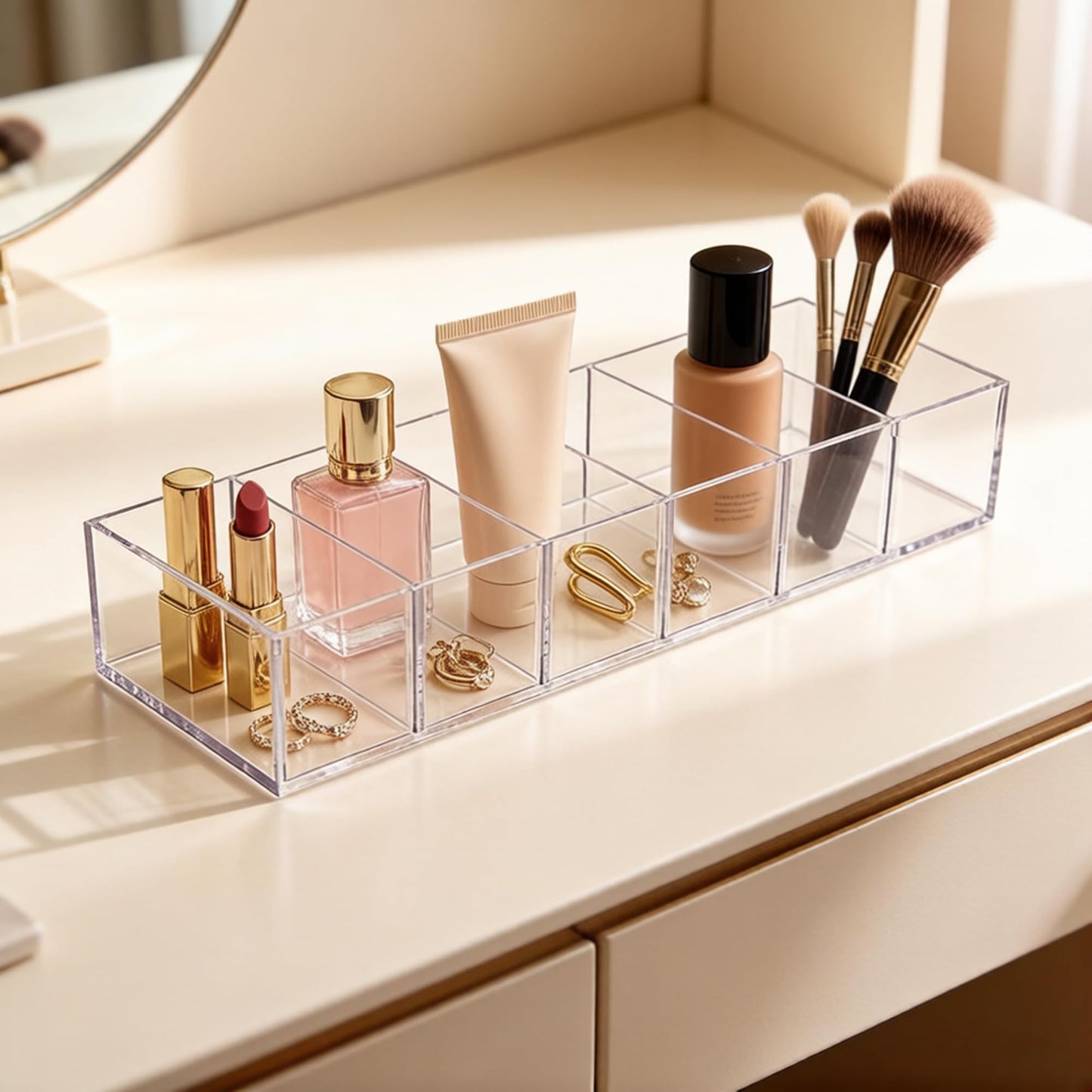 DYMSUP 6-Compartment Clear Acrylic Organizer with Detachable Dividers, Eyeshadow Palette & Cosmetic Holder for Vanity Drawer, Cosmetic Station & Makeup Desktop