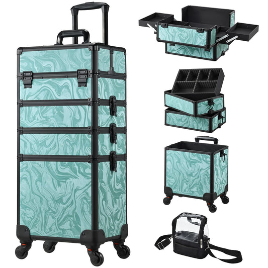 Stagiant Rolling Makeup Case 4 in 1 Cosmetology Case on Wheels Makeup Travel Case with Cosmetic Bag Key Swivel Wheels Salon Barber Case Traveling Cart Trunk Cosmetic Trolley Alpine Blue