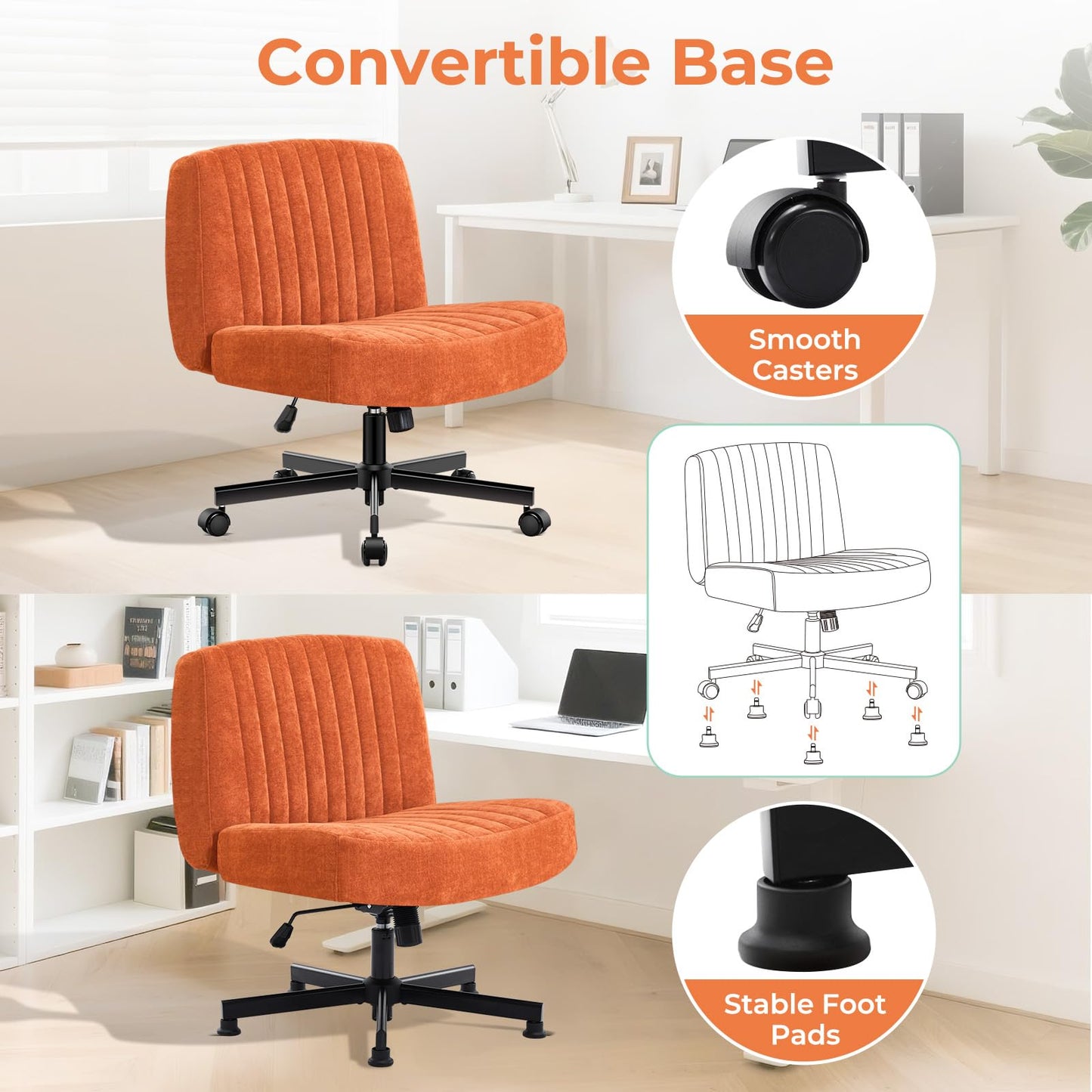 shipborne Convertible Base Criss Cross Chair with Pocket Springs & Thicker and Wider Cushions, Armless Legged Office Chair Relieves Back Pain, Swivel Vanity Chair for Living Room/Office, Orange