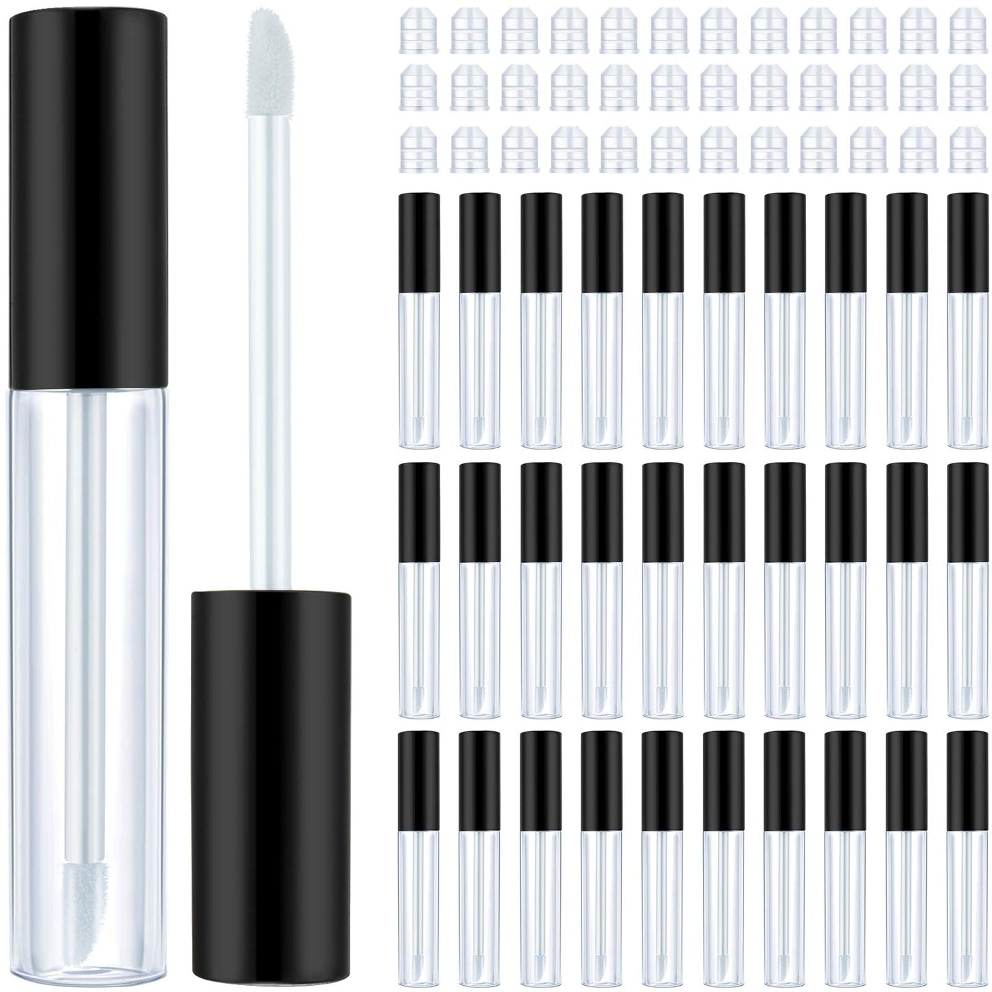 Patelai 50 Pack 10 ml Empty Lip Gloss Tube Containers Clear Refillable Lip Balm Bottles Plastic Lipstick Tubes with Rubber Inserts Cosmetic Tools for Travel, DIY Makeup, Personal Cosmetic(Black)