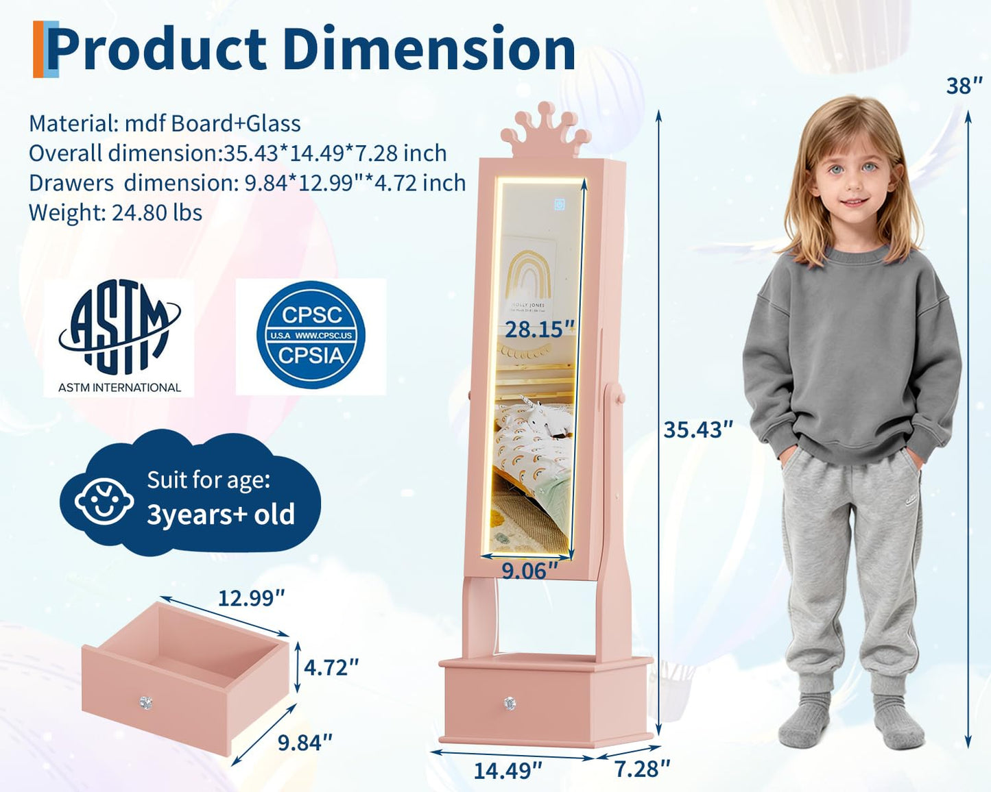 GarveeHome Kids Jewelry Armoire,Child Jewelry Cabinet with Led Light,Freestanding Jewelry Organizer with Full-Length Mirror,3 Storage Drawers,Kids Vanity Dress Up Jewelry Cabinet for Girls（light Pink