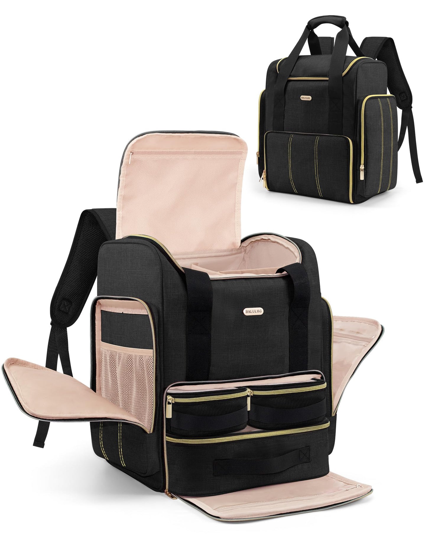 BALULHG Large Portable Travel Makeup Bag with 3 Removable Transparent Case, Dual-Shoulder Multi-Functional Cosmetic Bag,Double Layer Big Capacity Makeup Bag Backpack, Patent Pending
