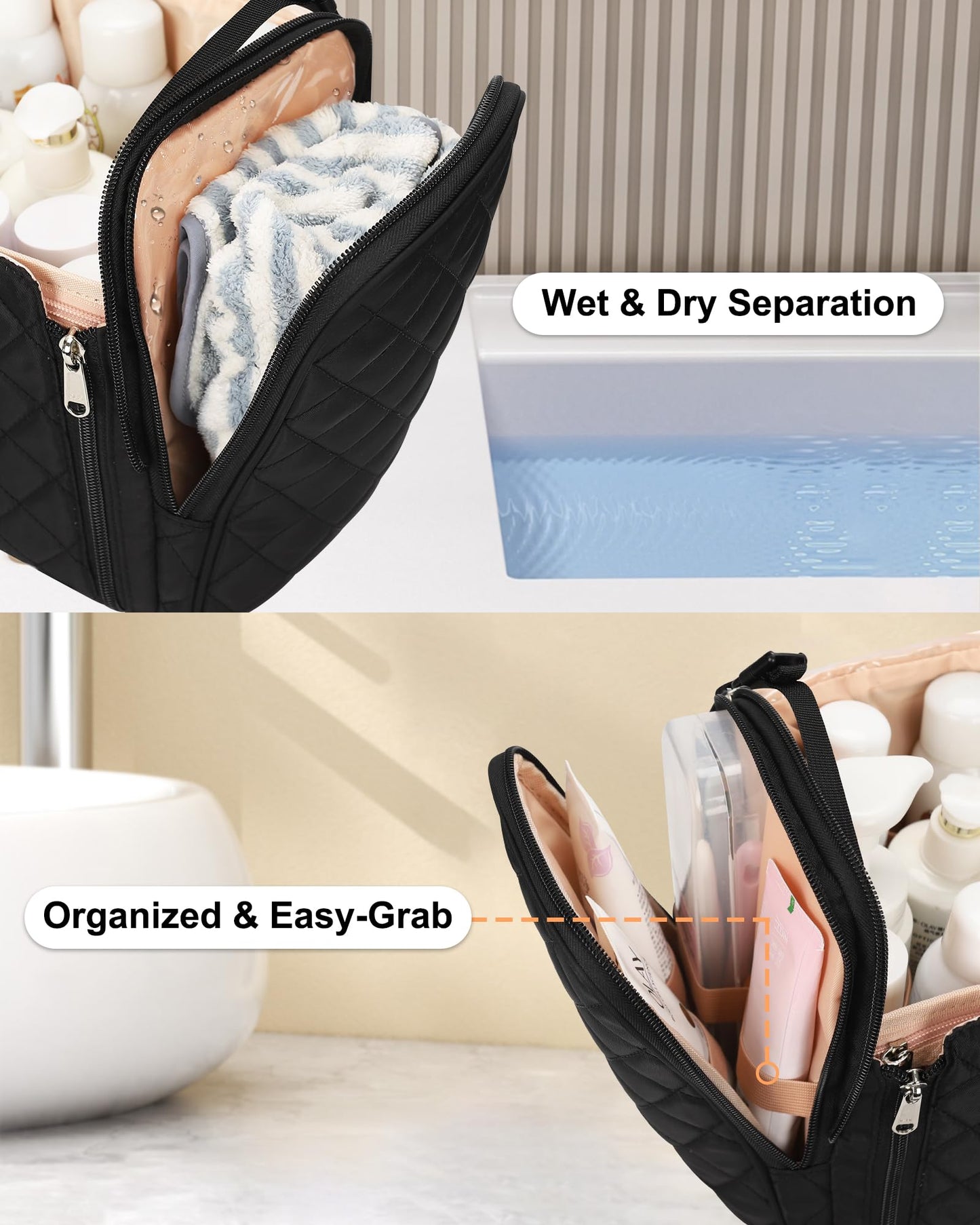 TANTO Hanging Toiletry Bag for Women, Travel Toiletries Bag Water-resistant Large Makeup Cosmetic Organizer with Hook Portable Bathroom Bag for Full-size Bottles,Travel Essentials (Black,Large)