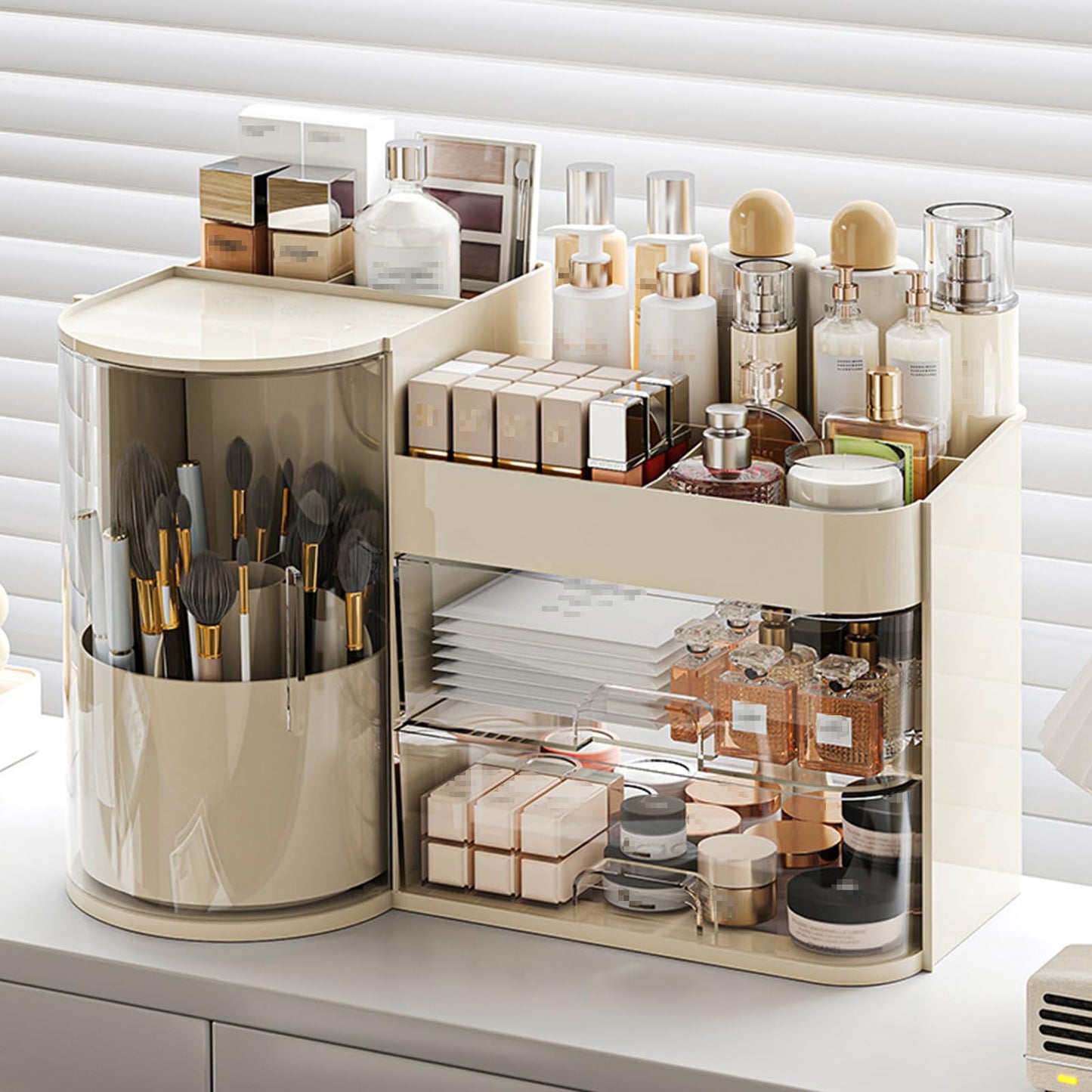 Fortuccai Makeup Organizer with 360° Rotating Brush Holder, Vanity Countertop Skincare Holder, Removable Cosmetic Display Cases, Lotions Storage Box & Dust-proof 4 Slot Make up Brushes Cup (Beige)