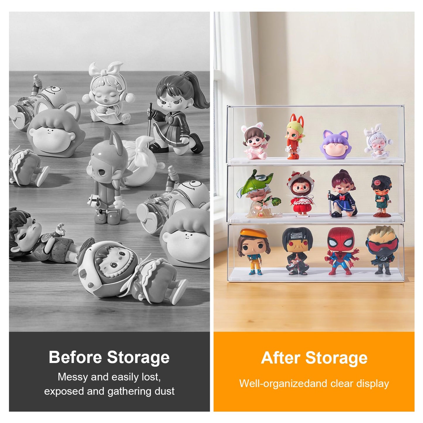 HONTUU 2 Pack Clear Acrylic Figures Display Case Stackable Box with Base, Dustproof Protector for Anime Figurine, Collectibles, Funko Pop, Model Cars - Home Office Display Showcase