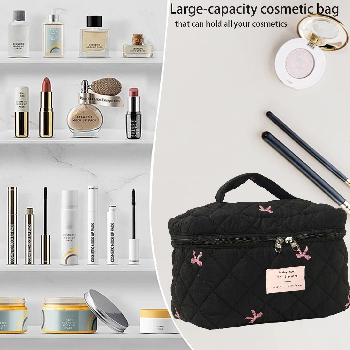 AMULOKRU Large Makeup Bag, Cute Cosmetic Bags for Women, Floral Quilted Makeup Bag, Coquette Aesthetic Toiletry Bag,Travel Makeup Organizer Bags-Black