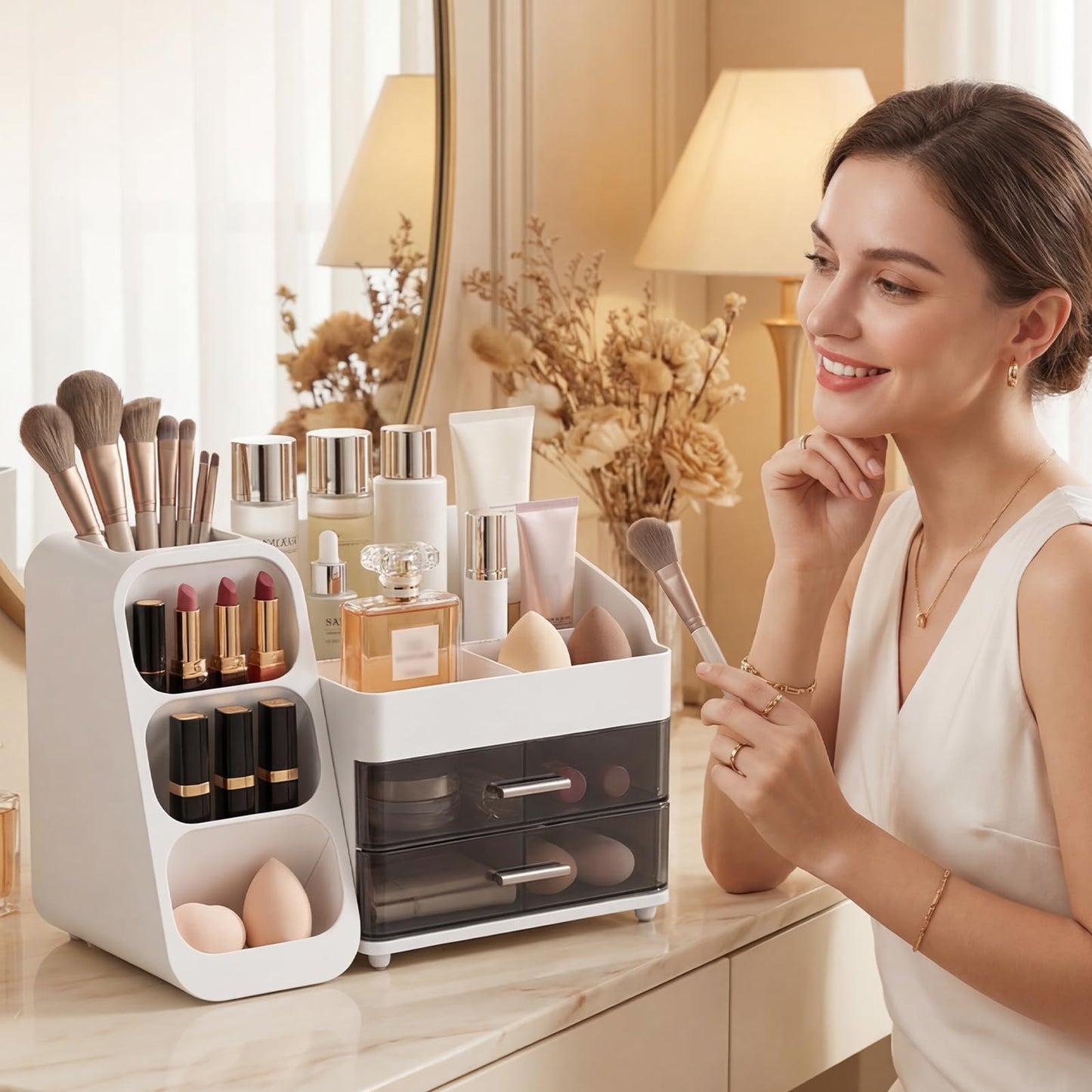 VegStow Makeup Organizer with Drawers & Brush Holder for Vanity - Organize Cosmetics Bathroom Countertop Storage Skin care Essentials Dresser, Bathroom, Office Countertop (White)