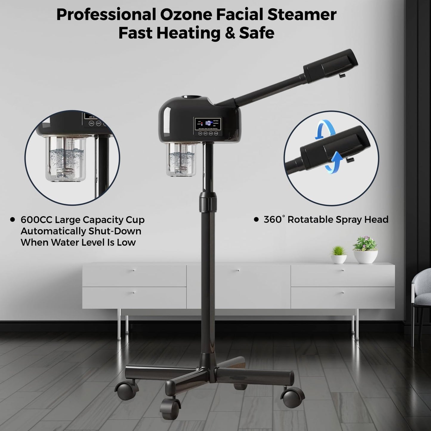Hovinke Facial Steamer for Estheticians, Timer Function & Hot Mist, Vaporizador Facial Steamer Professional On Wheels for Home Use & Spa Salon Skin Cleasning