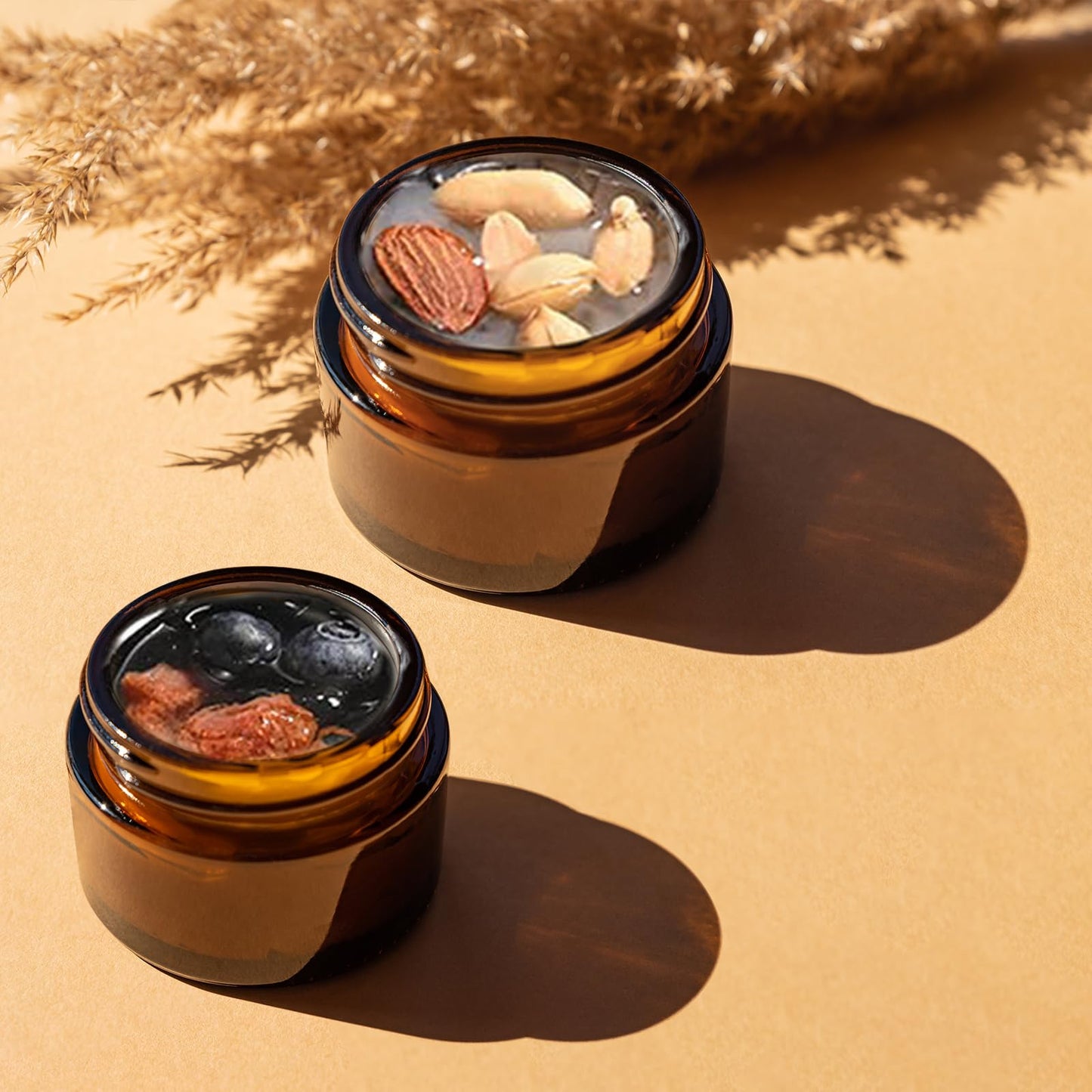 IRON BILL 1 Oz Amber Round Glass Jars with Inner Liners and Black Lids(12PCS) Empty Cream Containers Refillable Cosmetic Vials for Cosmetics, Lotions, Ointment, Body Scrubs & Balms